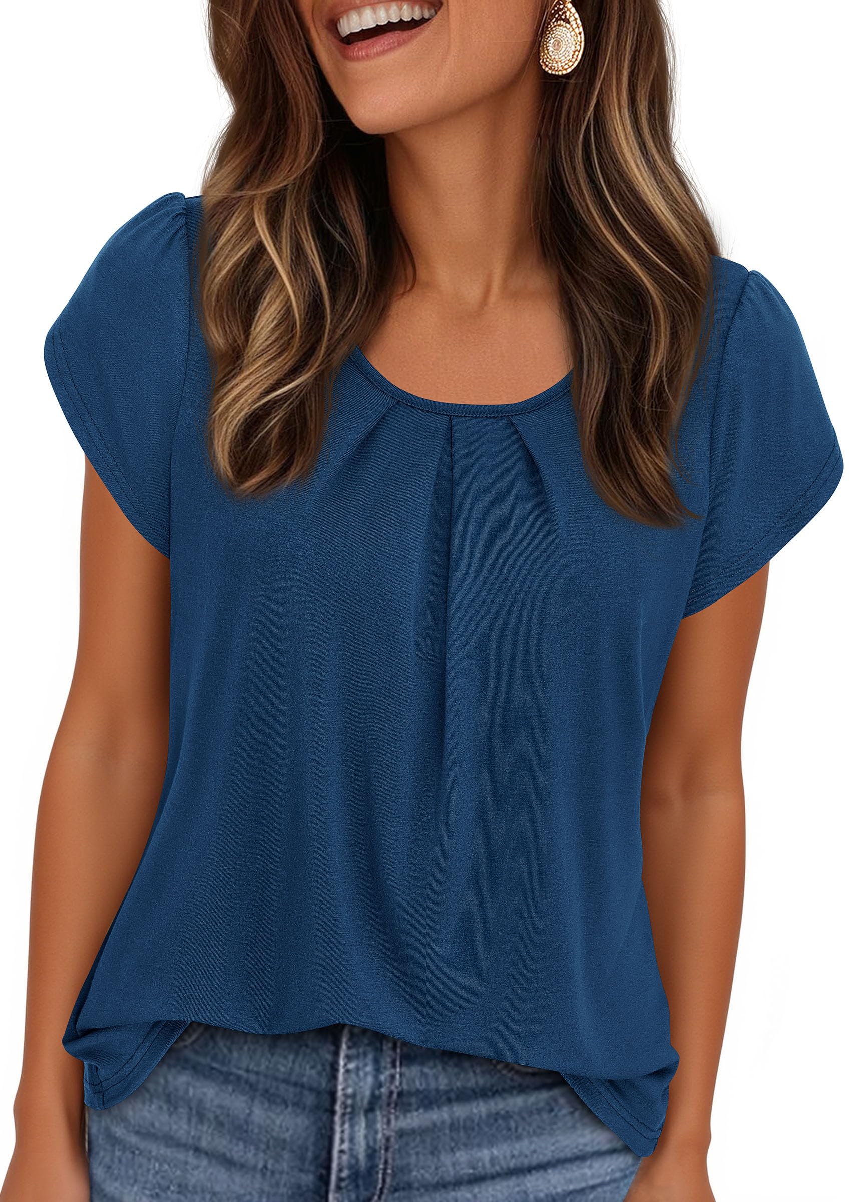 Women's Summer Short Sleeve Tops Casual Blouses,Dark Blue,S
