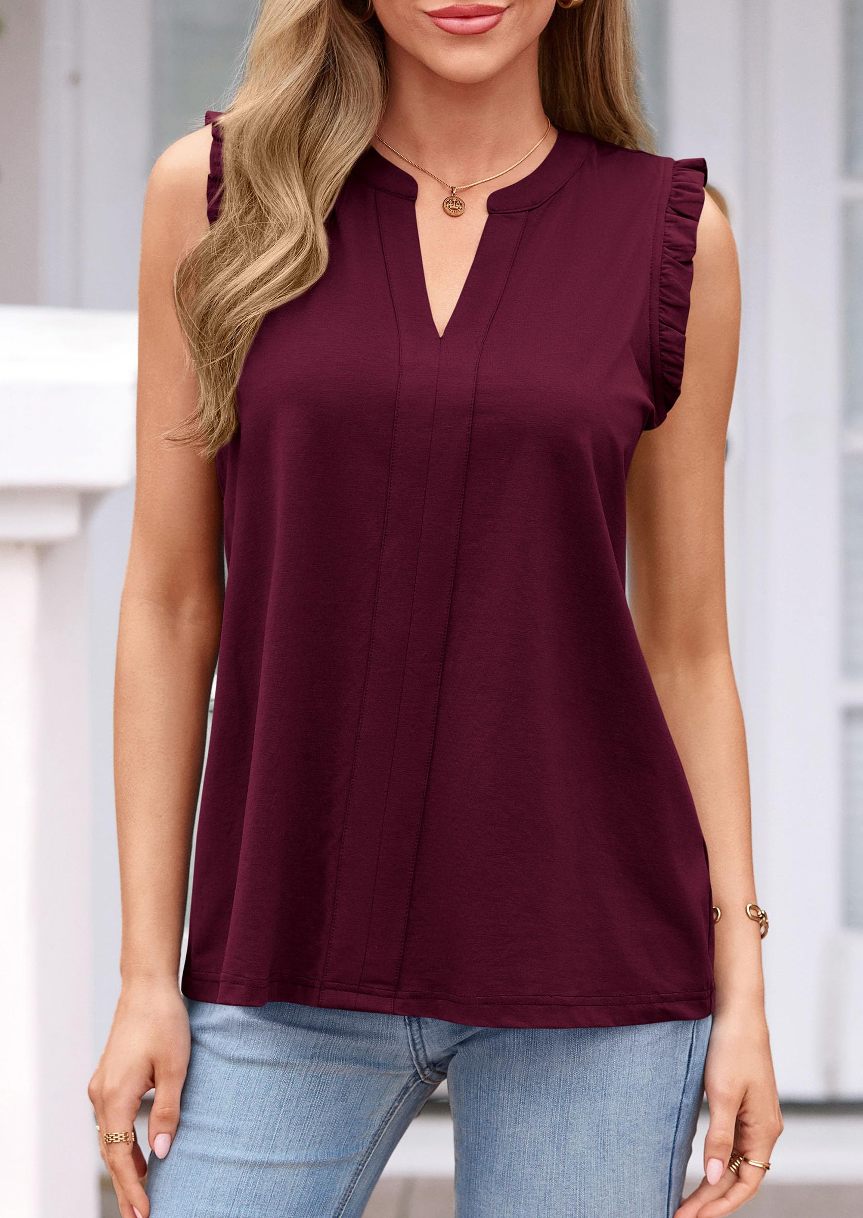 Women's V Neck Sleeveless Blouses Summer Tops,Burgundy,M