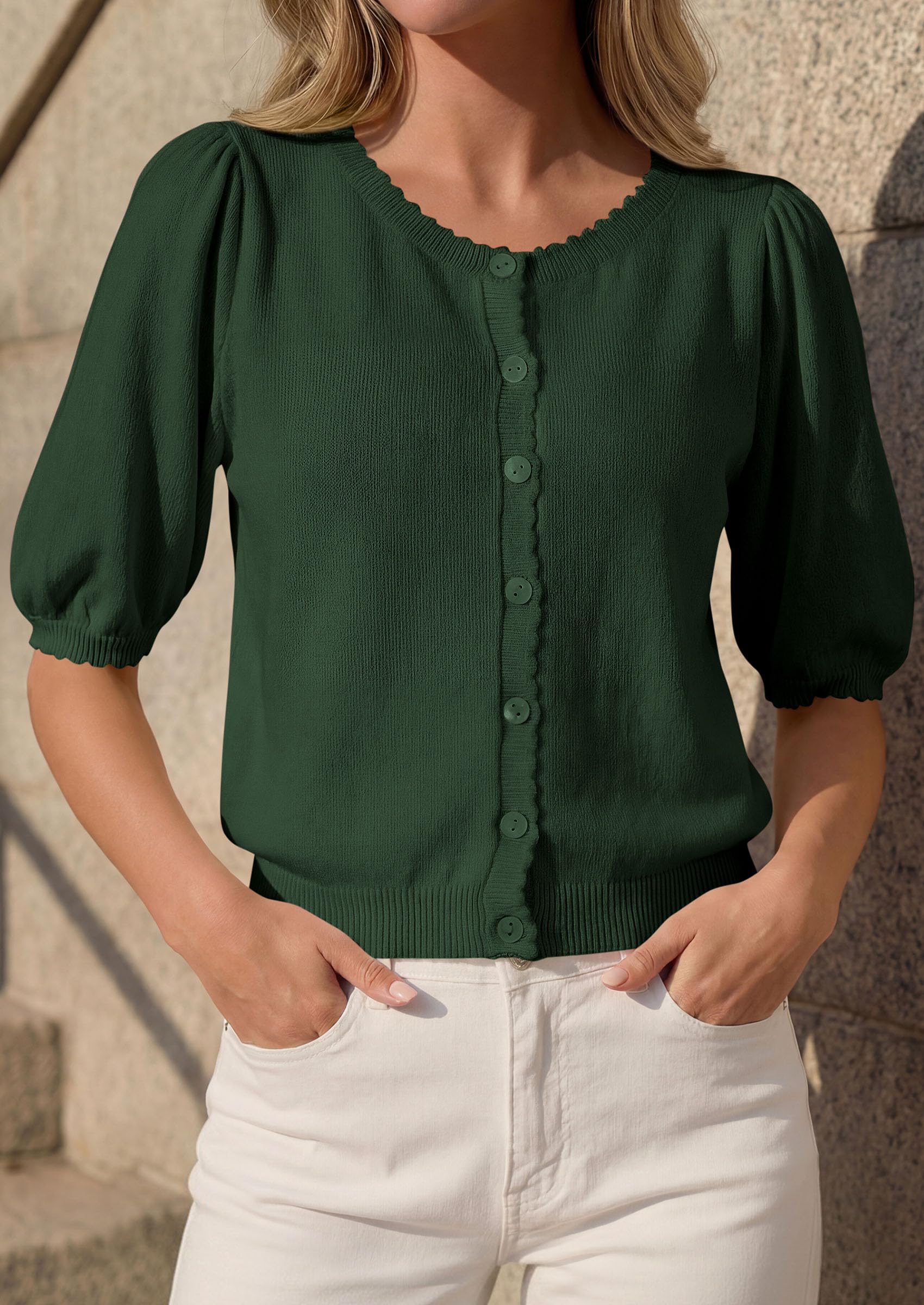 Women Short Sleeve Lightweight Knit Cardigans, Army Green,S
