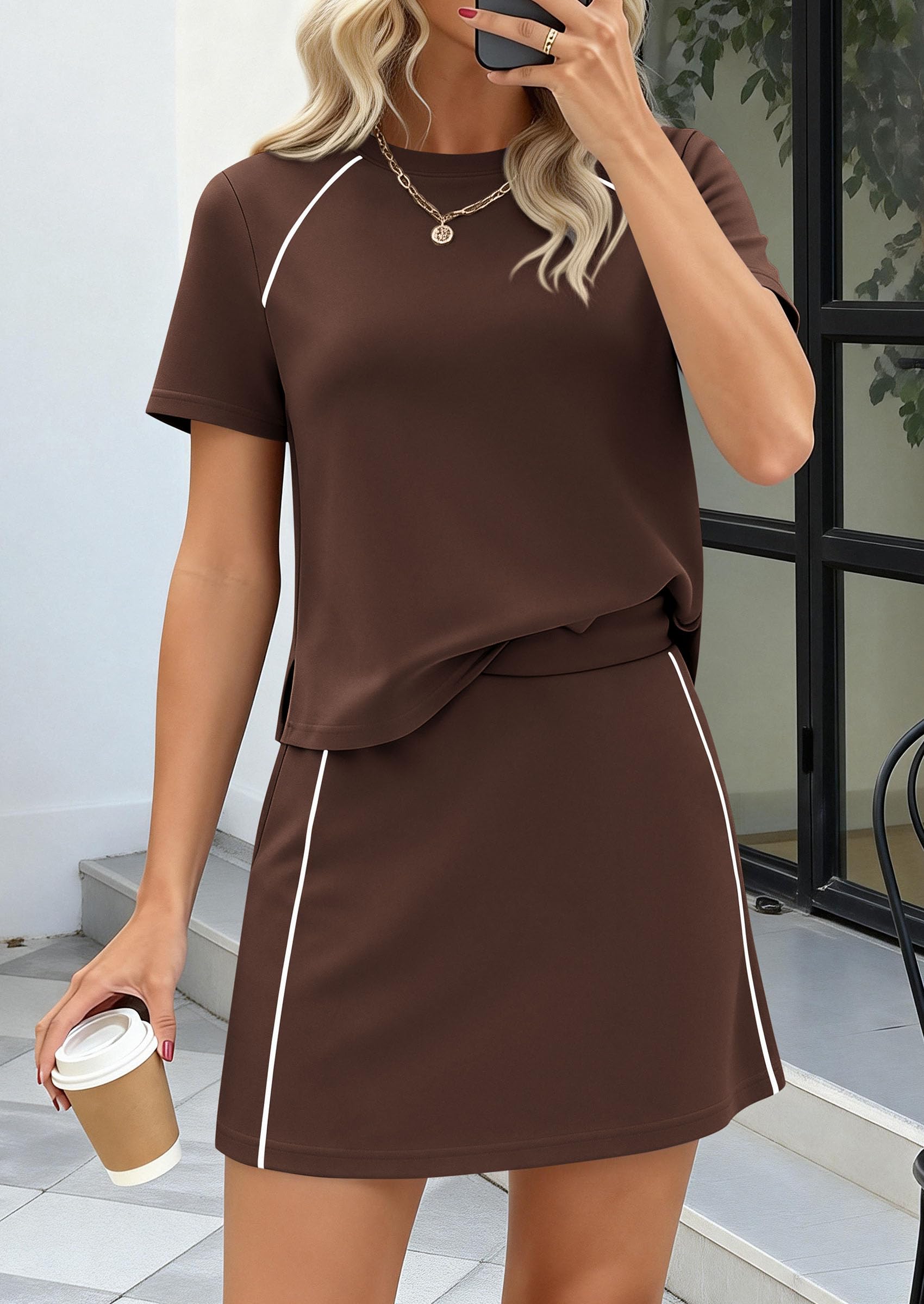Women's 2 Piece Skirt Sets Matching Clothing (Brown,S)