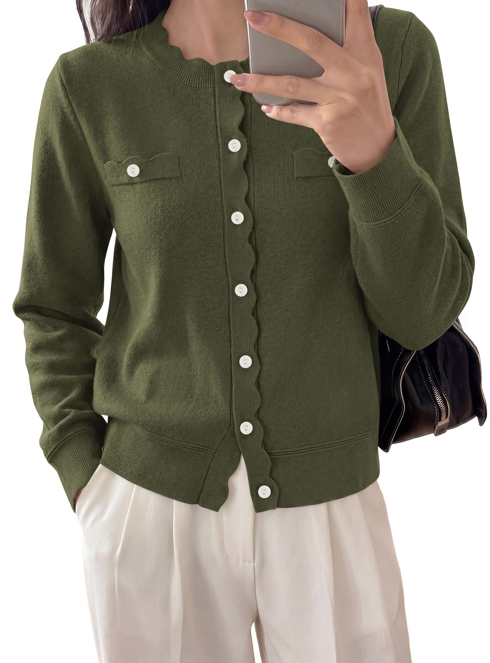 Womens Lightweight Cardigan Sweaters Scalloped Trim Fall Tops