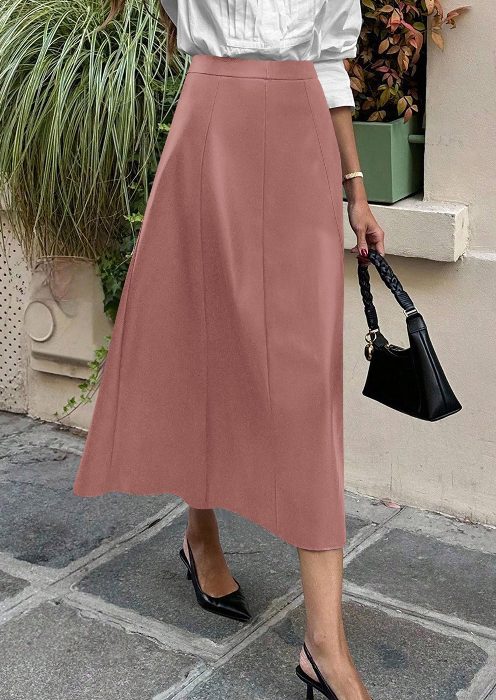 Womens Faux Leather High Waisted Midi Skirt,Dusty Pink,M