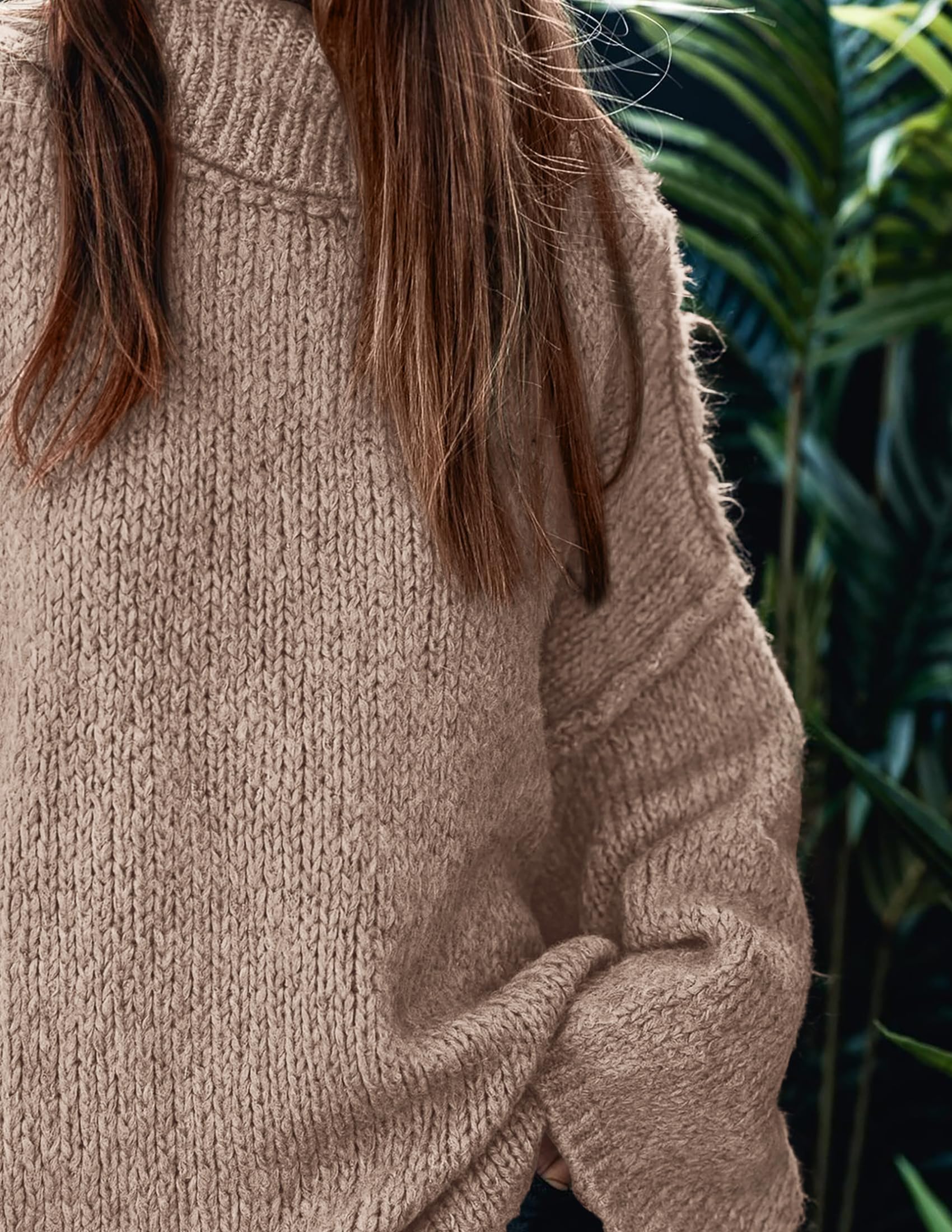 Womens Turtleneck Long Sleeve Oversized Sweaters,Khaki,L