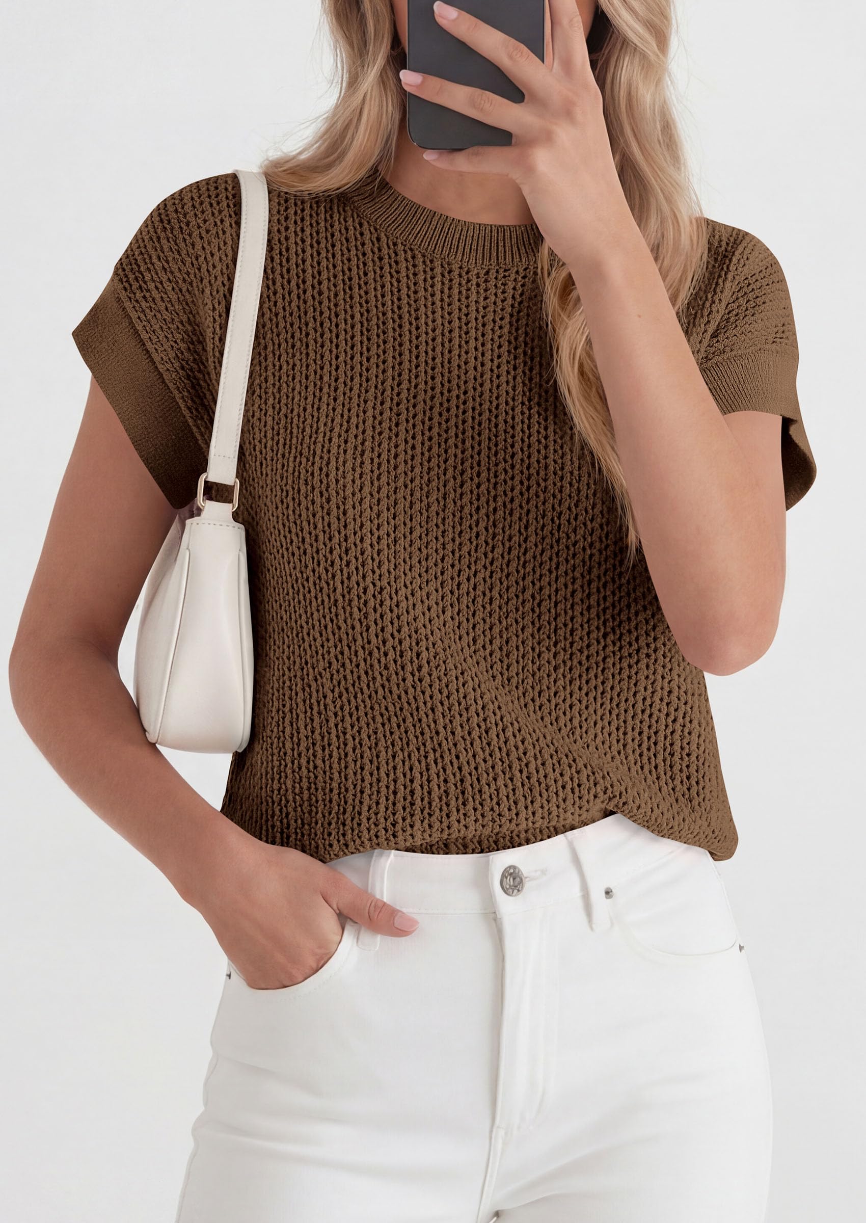 Women's Summer Sweater Vest Crochet Tops (Coffee,S)