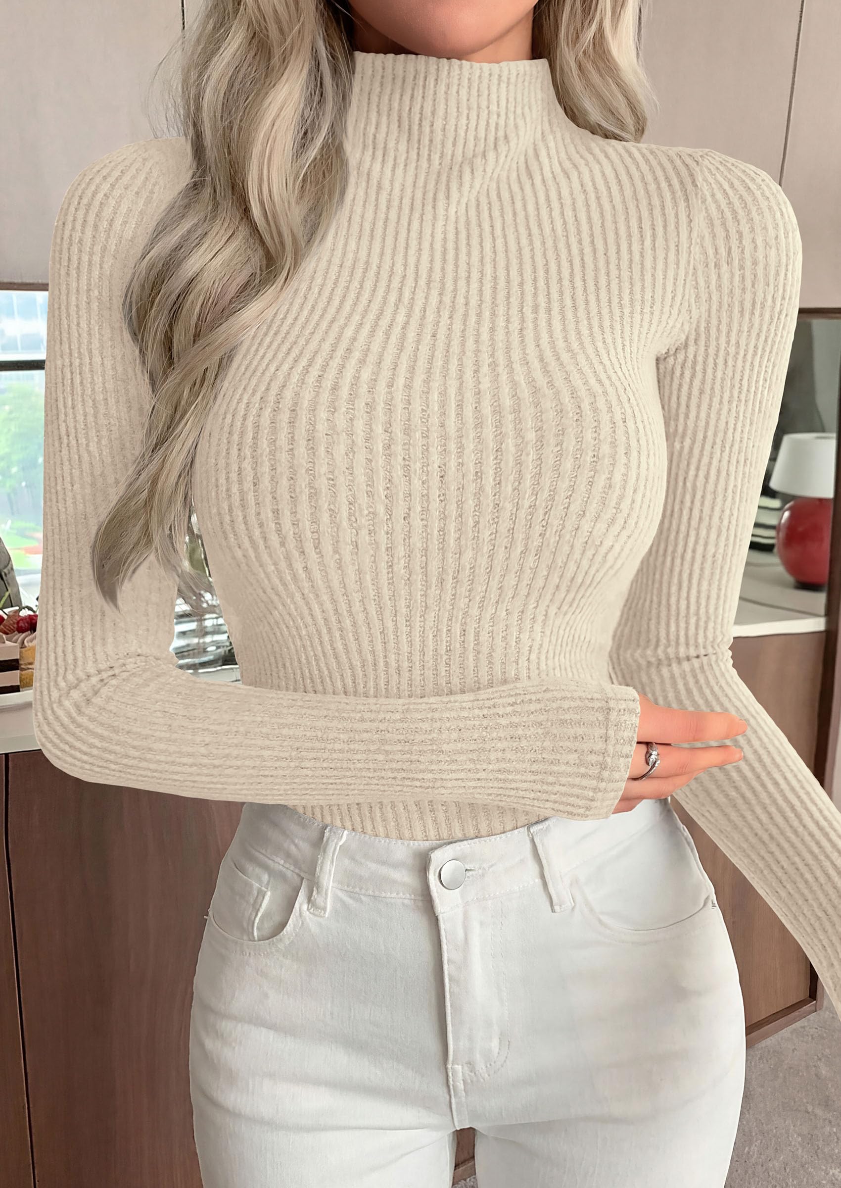 Long Sleeve Shirts for Women Fall Ribbed Mock Turtleneck Tops