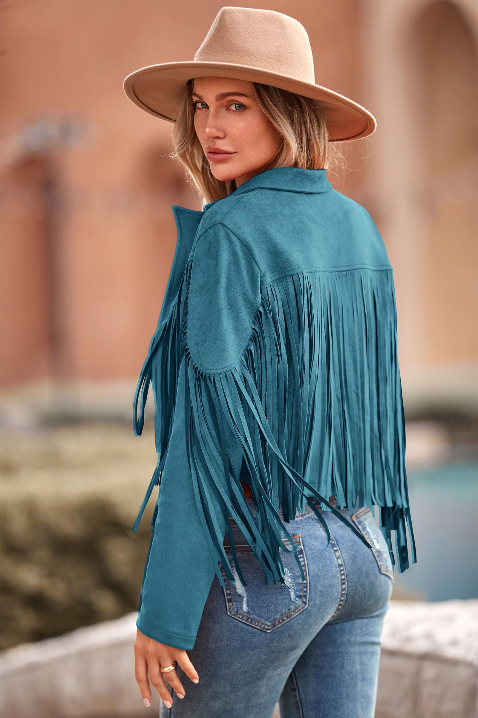 Women's Fringe Faux Suede Leather Jackets,Lake Blue,S