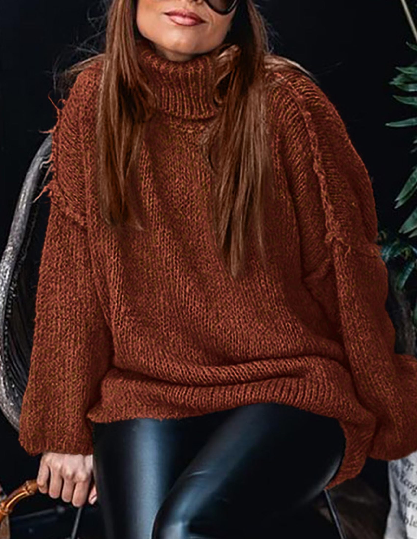 Womens Turtleneck Long Sleeve Oversized Sweaters,Brick Red,S