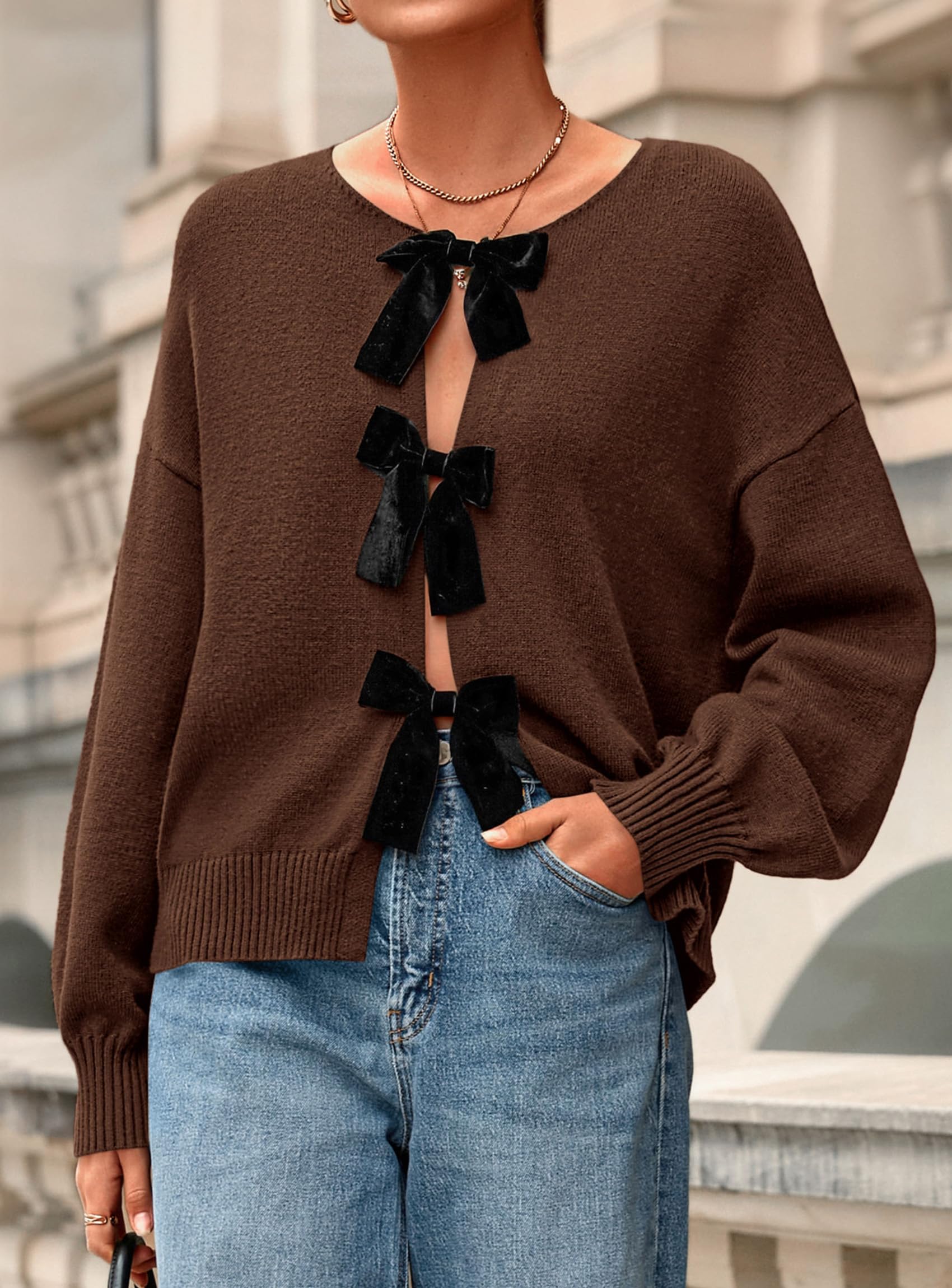 Women's Fall Bow Tie Front Cardigan Sweaters,Brown,S