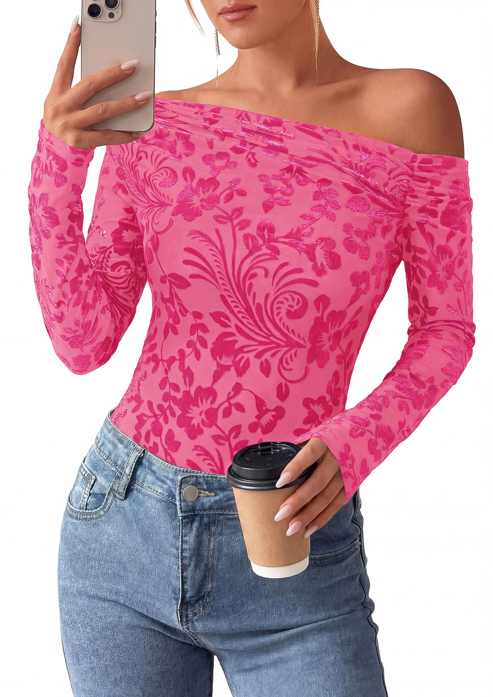 Off the Shoulder Tops for Women Fall Mesh Floral Blouses