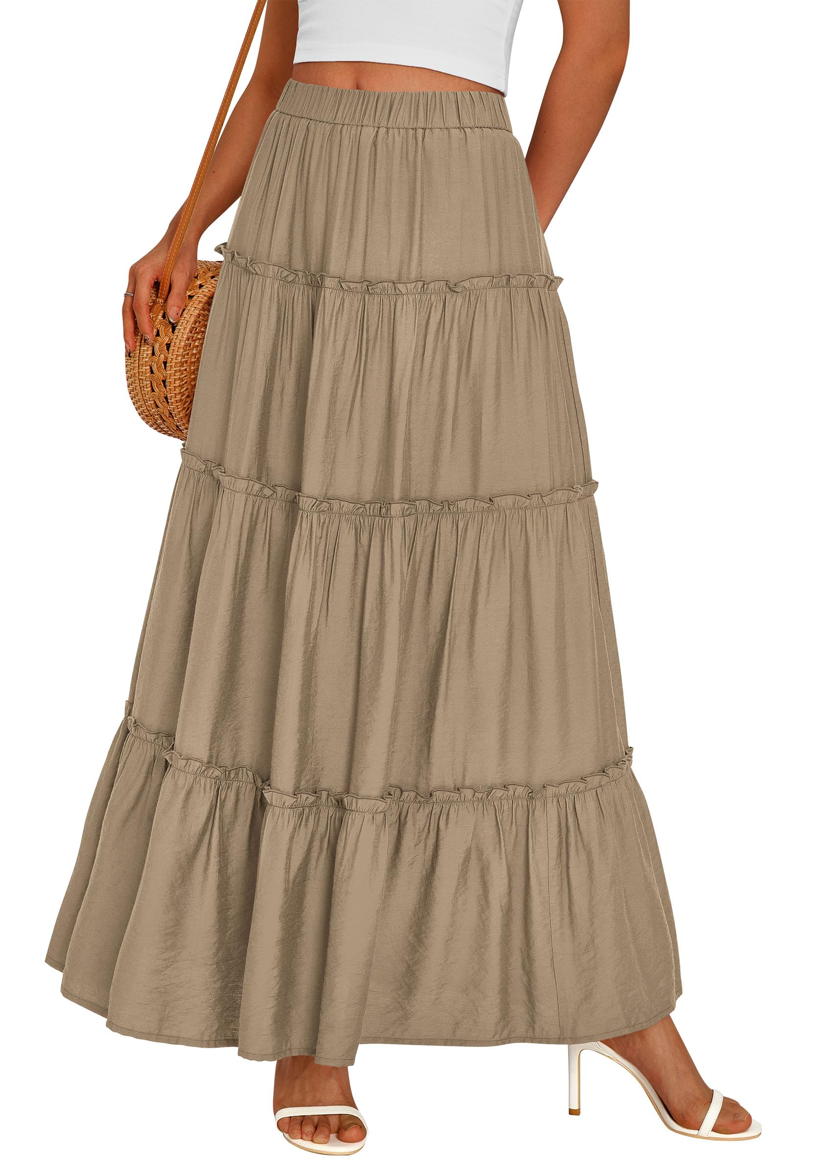 Women's Boho Tiered Ruffle Flowy Maxi Skirt, Khaki,XL