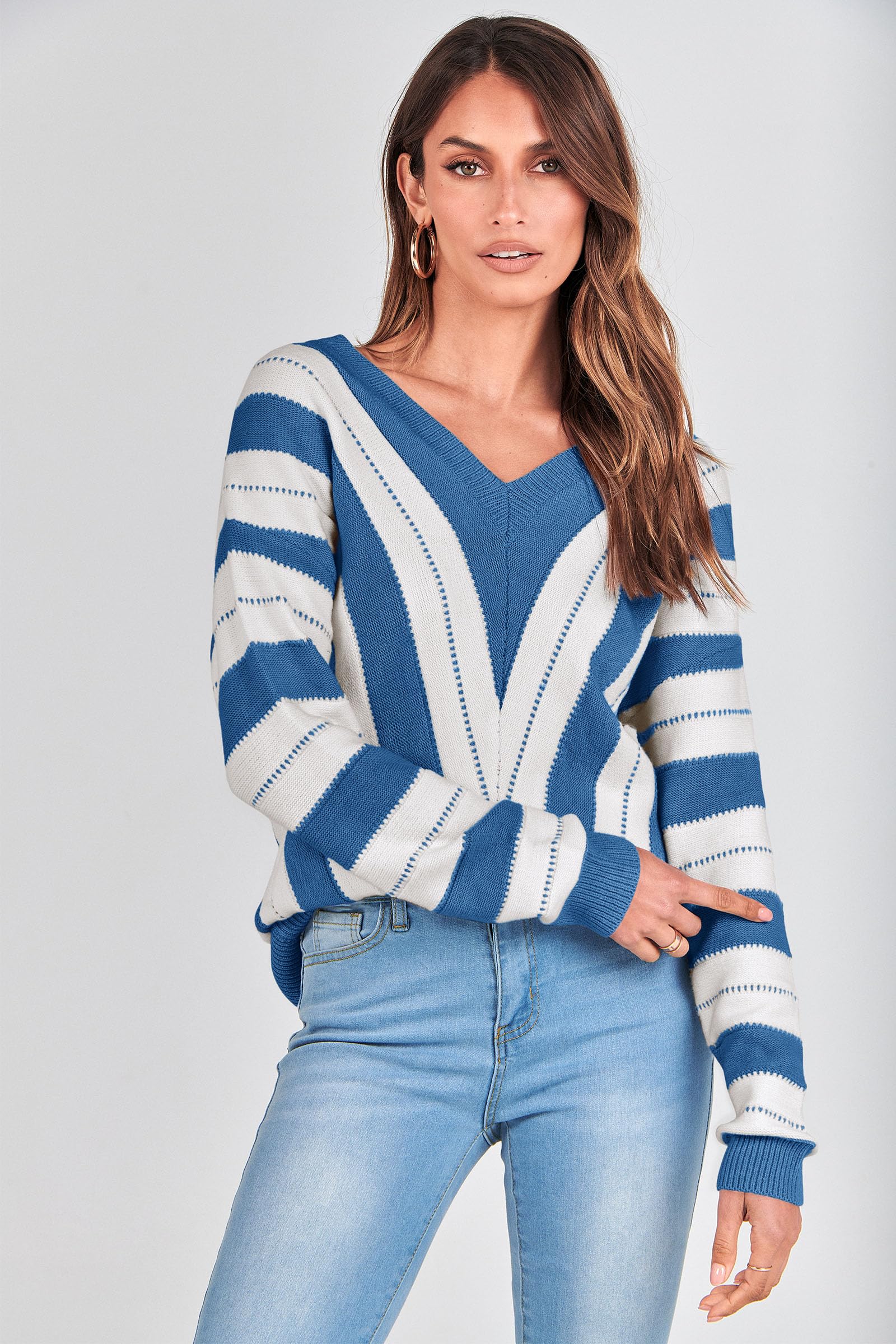Women's V Neck Striped Knit Pullover Sweater