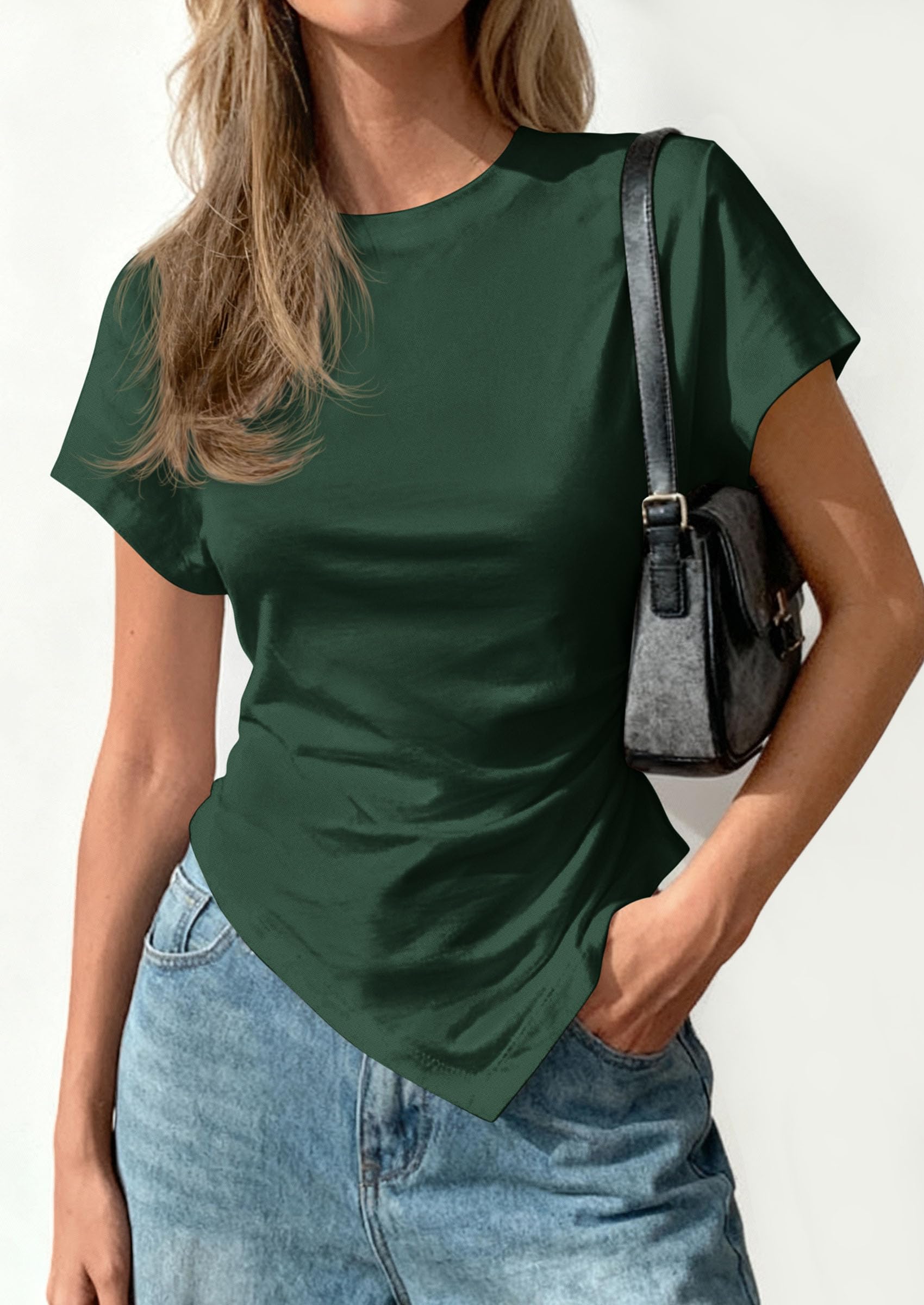 Womens Asymmetrical Summer Short Sleeve Tops,Dark Green,XS