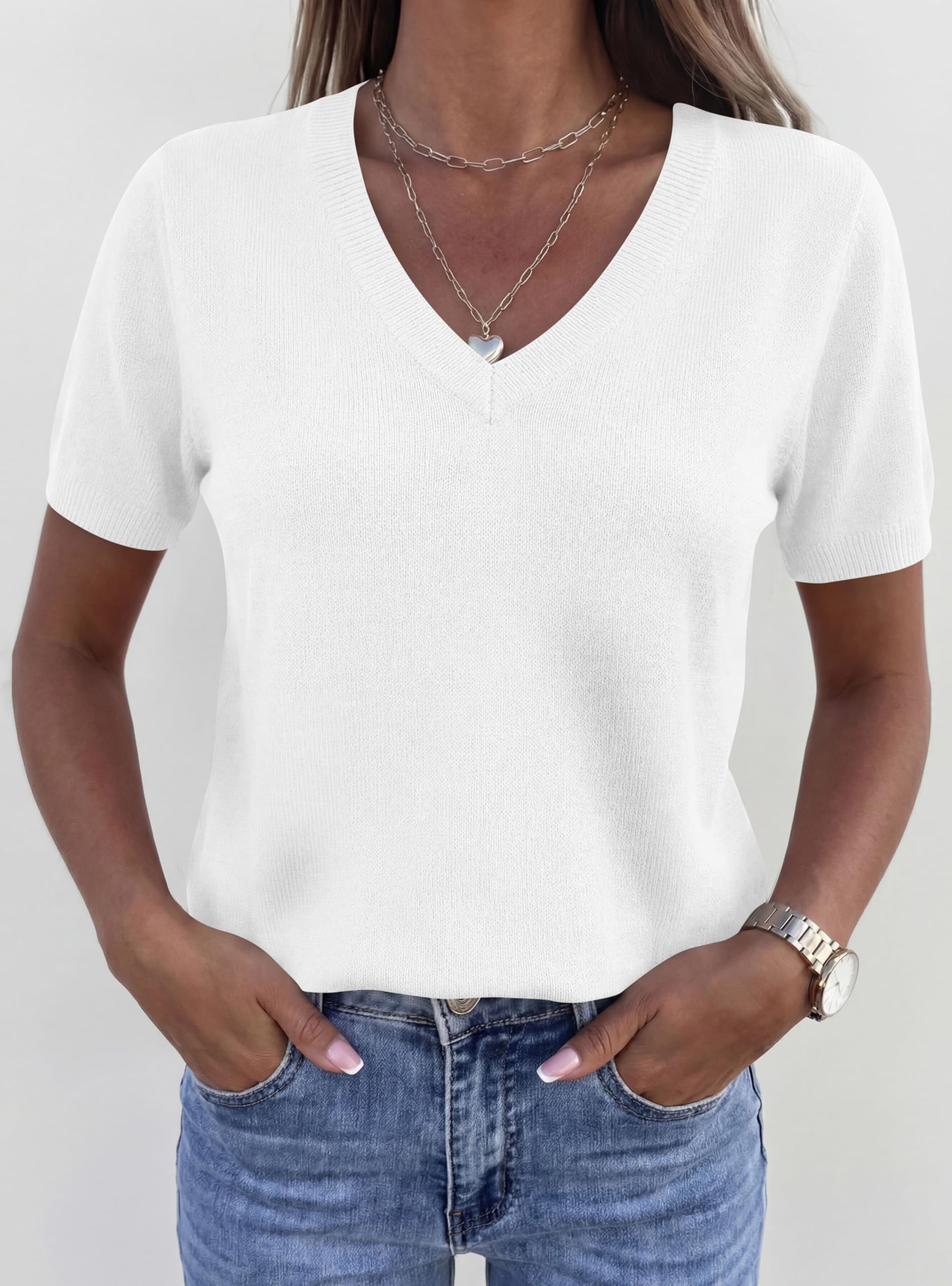Womens Short Sleeve Sweater V Neck Tops,White,S