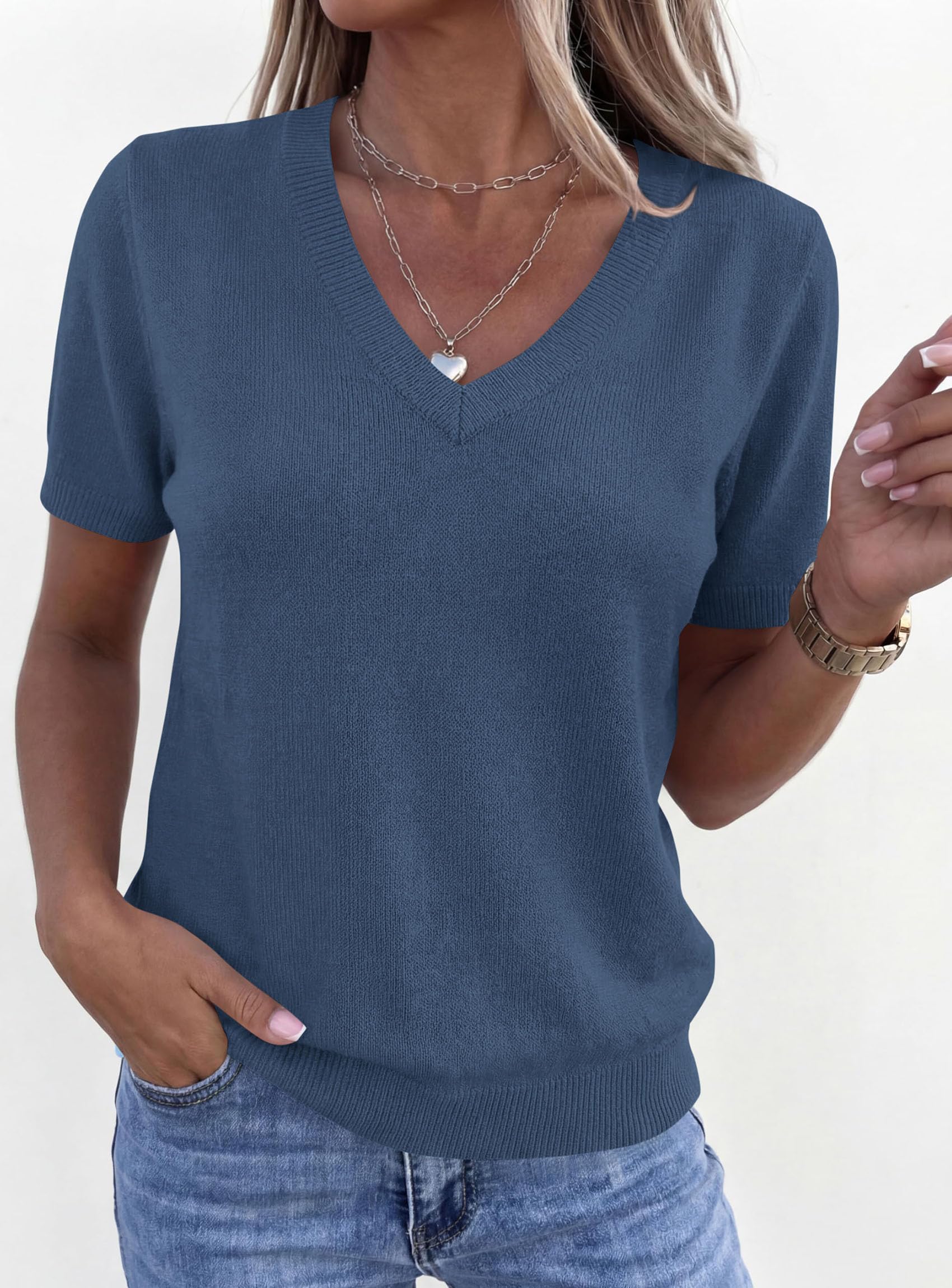 Womens Short Sleeve Sweater V Neck Tops,Grey Blue,S