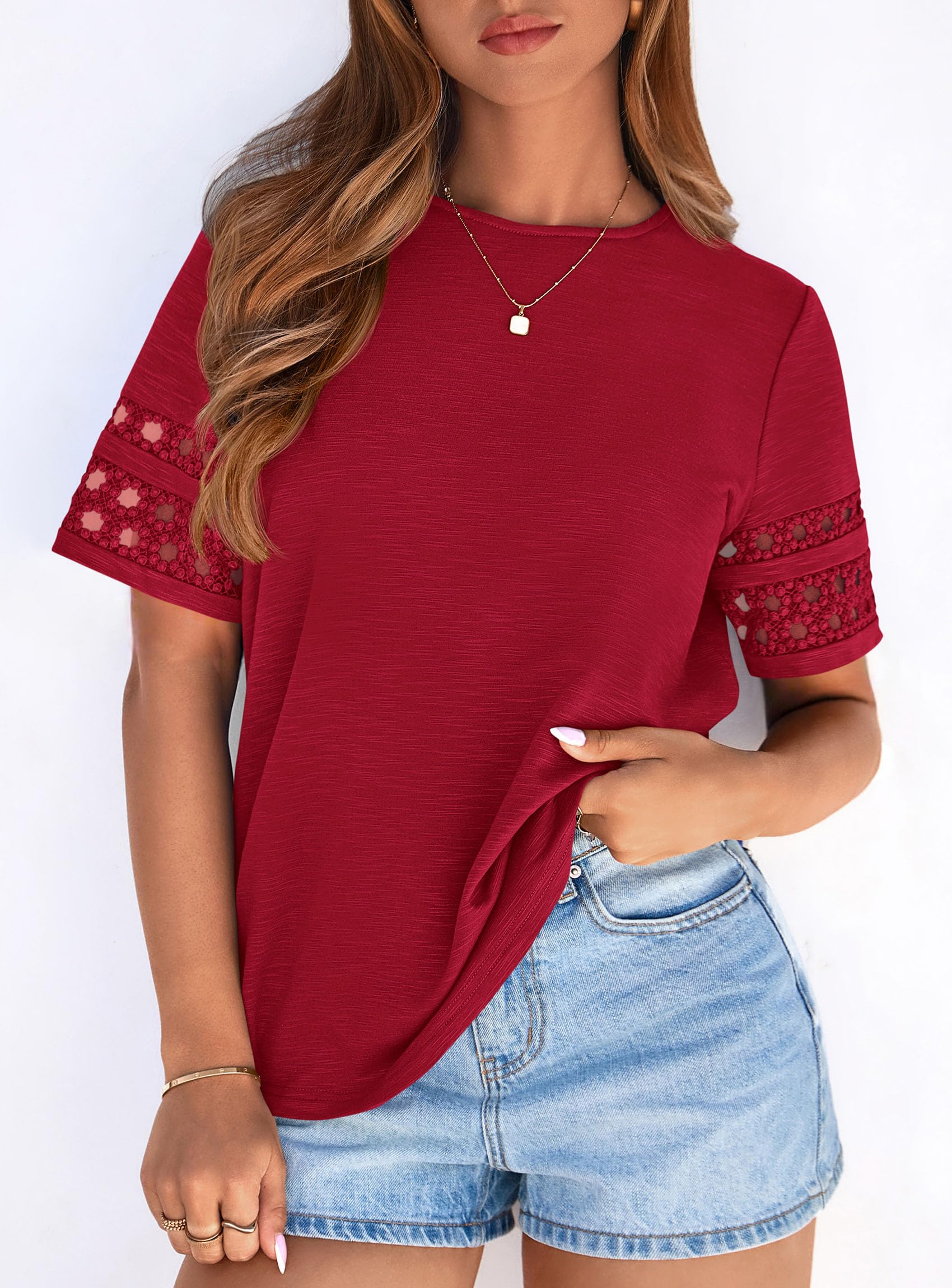 Women's Summer Short Sleeve Lace Trim T-Shirts,Red,S