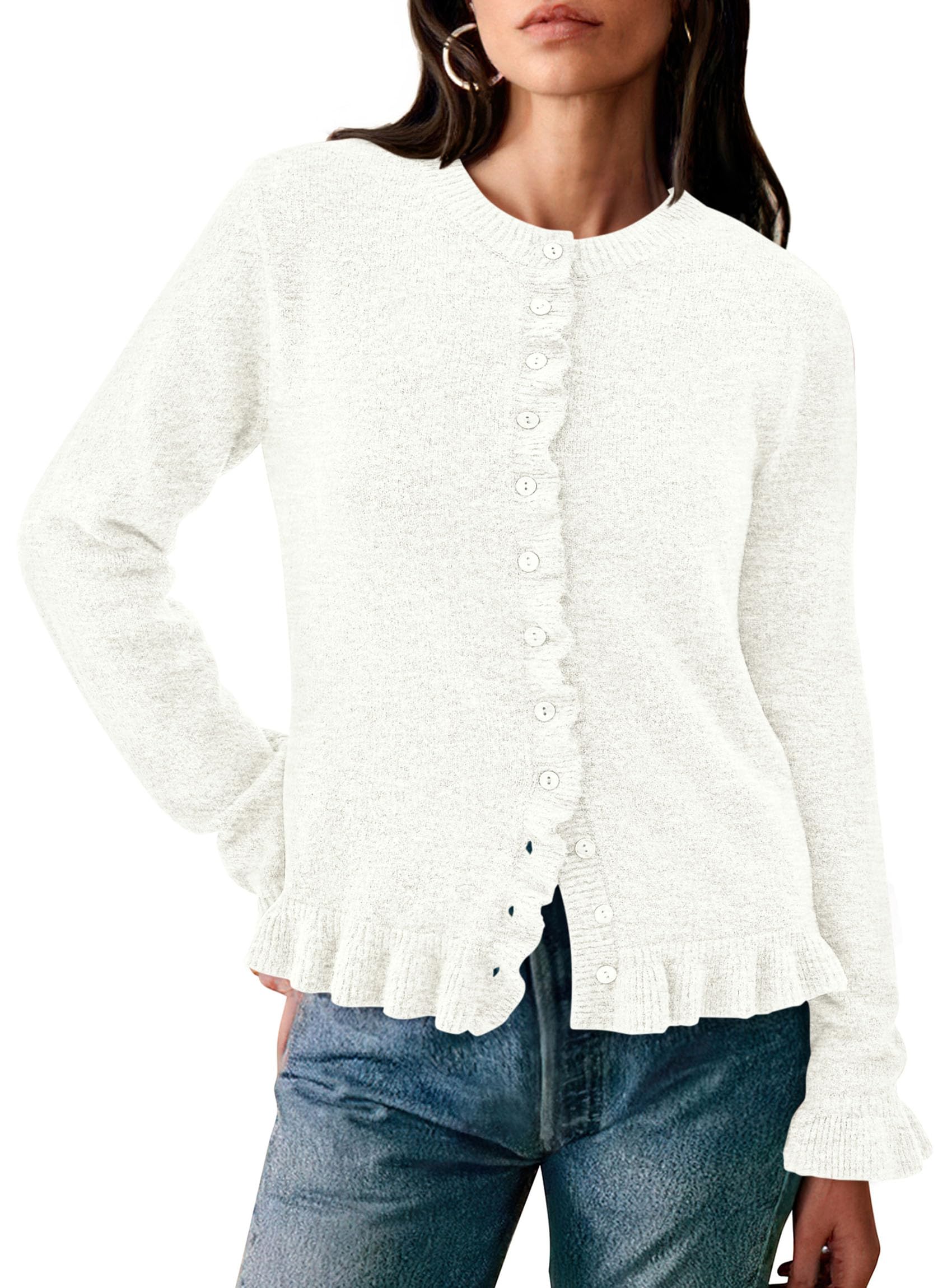 Womens Ruffle Button Down Cardigan Sweaters,White,S