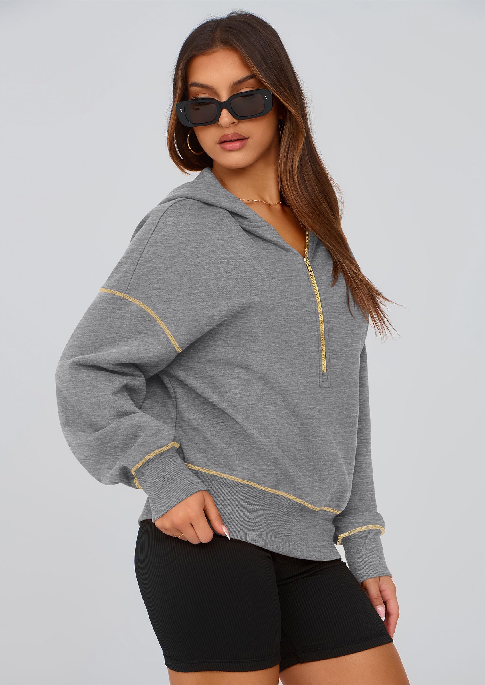 Women's Fall Half Zip Cropped Hoodie Sweatshirt Dark Grey