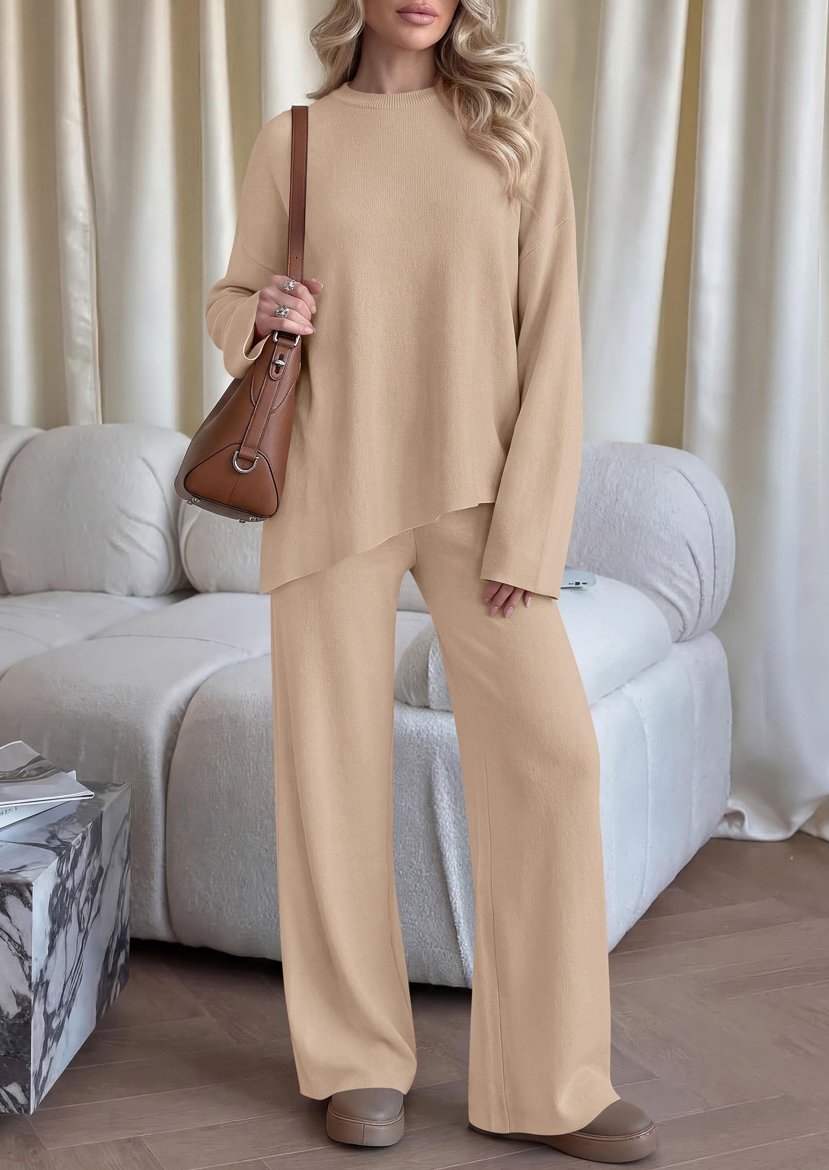 Womens Fall 2 Piece Asymmetric Cozy Sweater Travel Lounge Sets