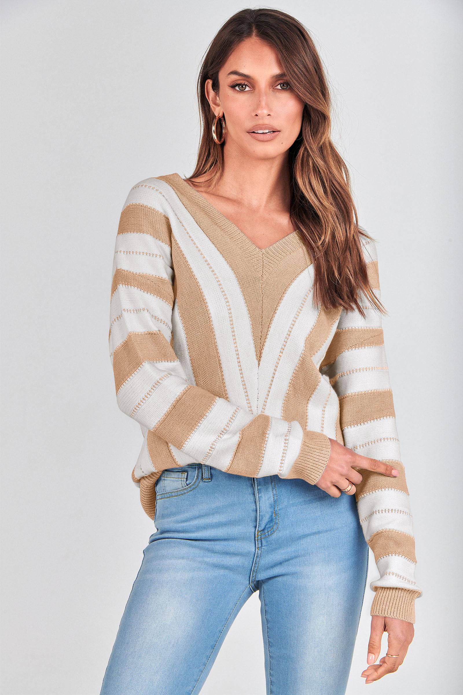 Women's V Neck Striped Knit Pullover Sweater