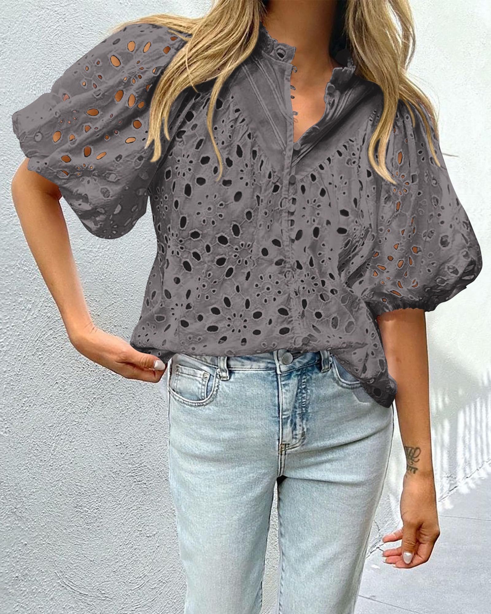 Womens Tops Boho Eyelet Puff Sleeve Blouse, Dark Grey,S