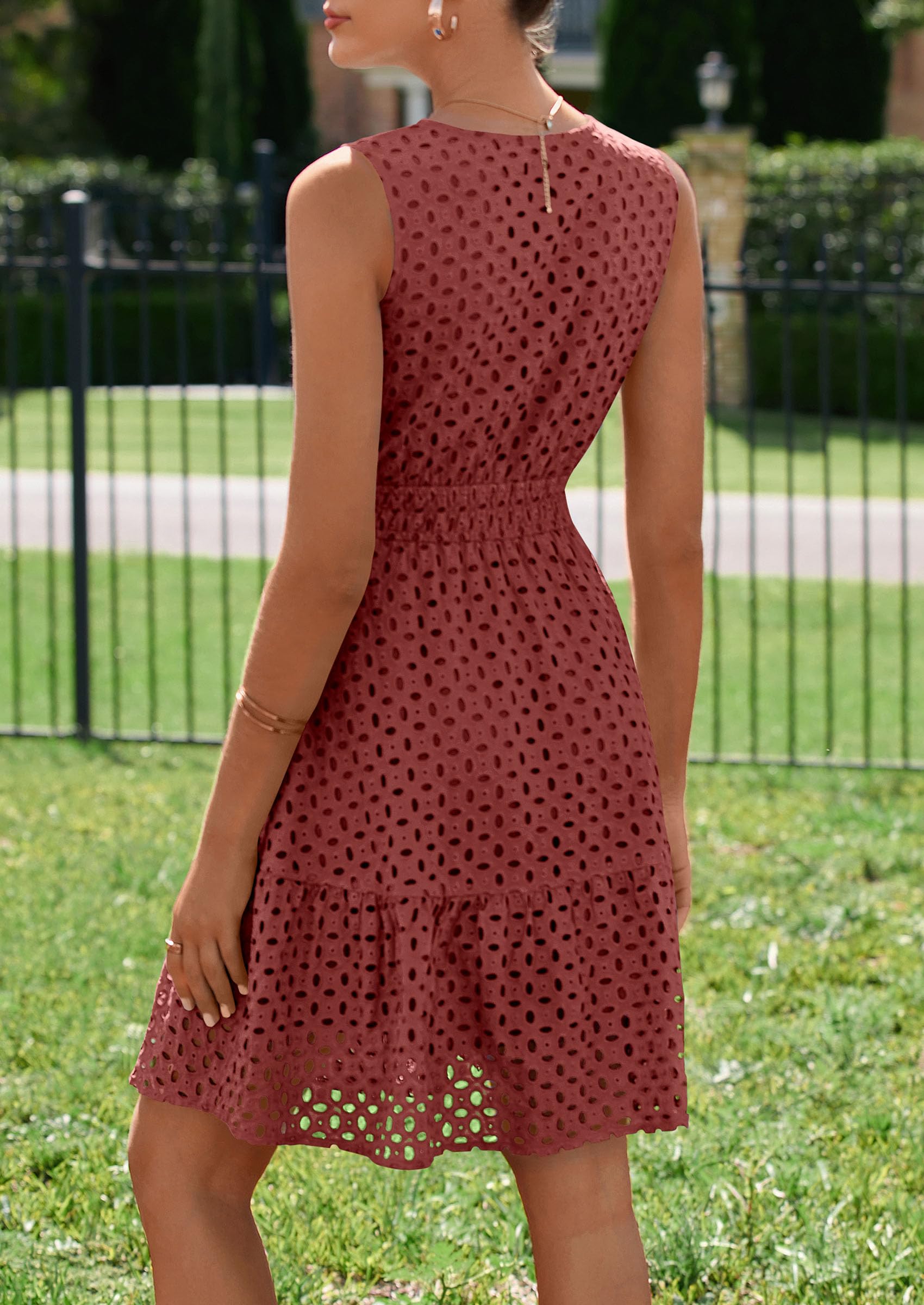 Women's Summer Eyelet A Line Short Dresses,Brown,S