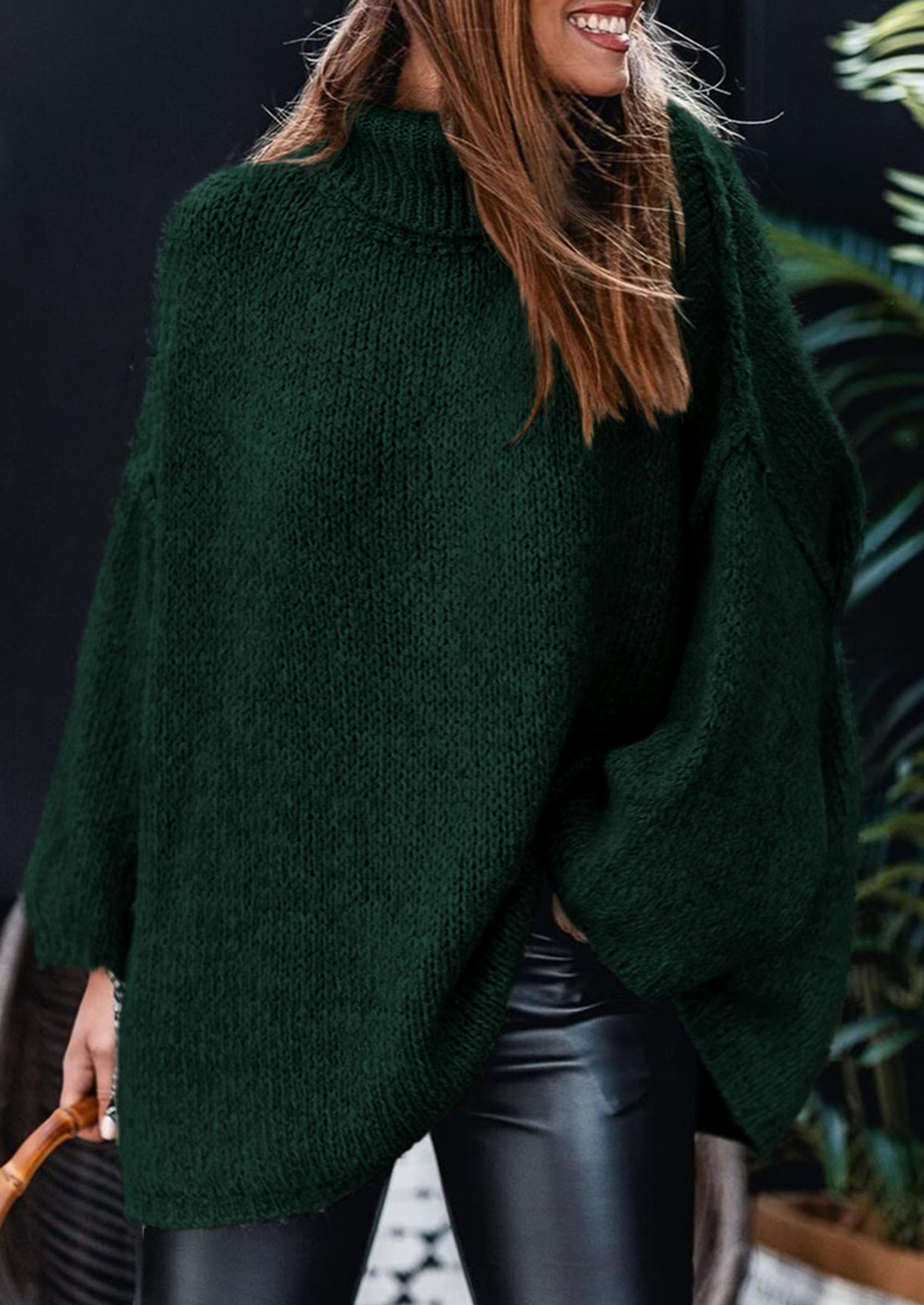 Womens Turtleneck Long Sleeve Oversized Sweaters,Dark Green,S