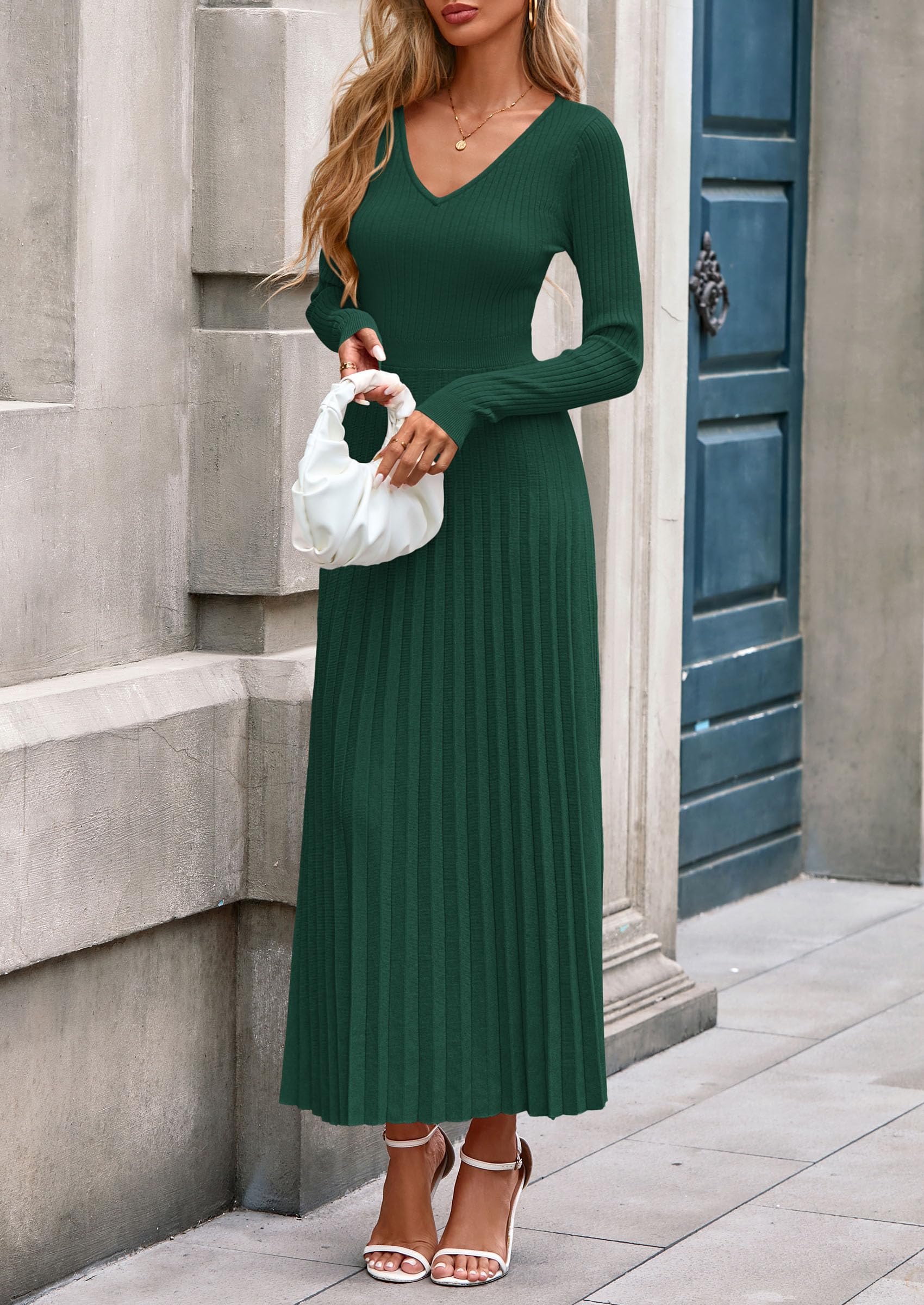 Sweater Dress Women Long Sleeve Maxi Flowy Pleated Dresses