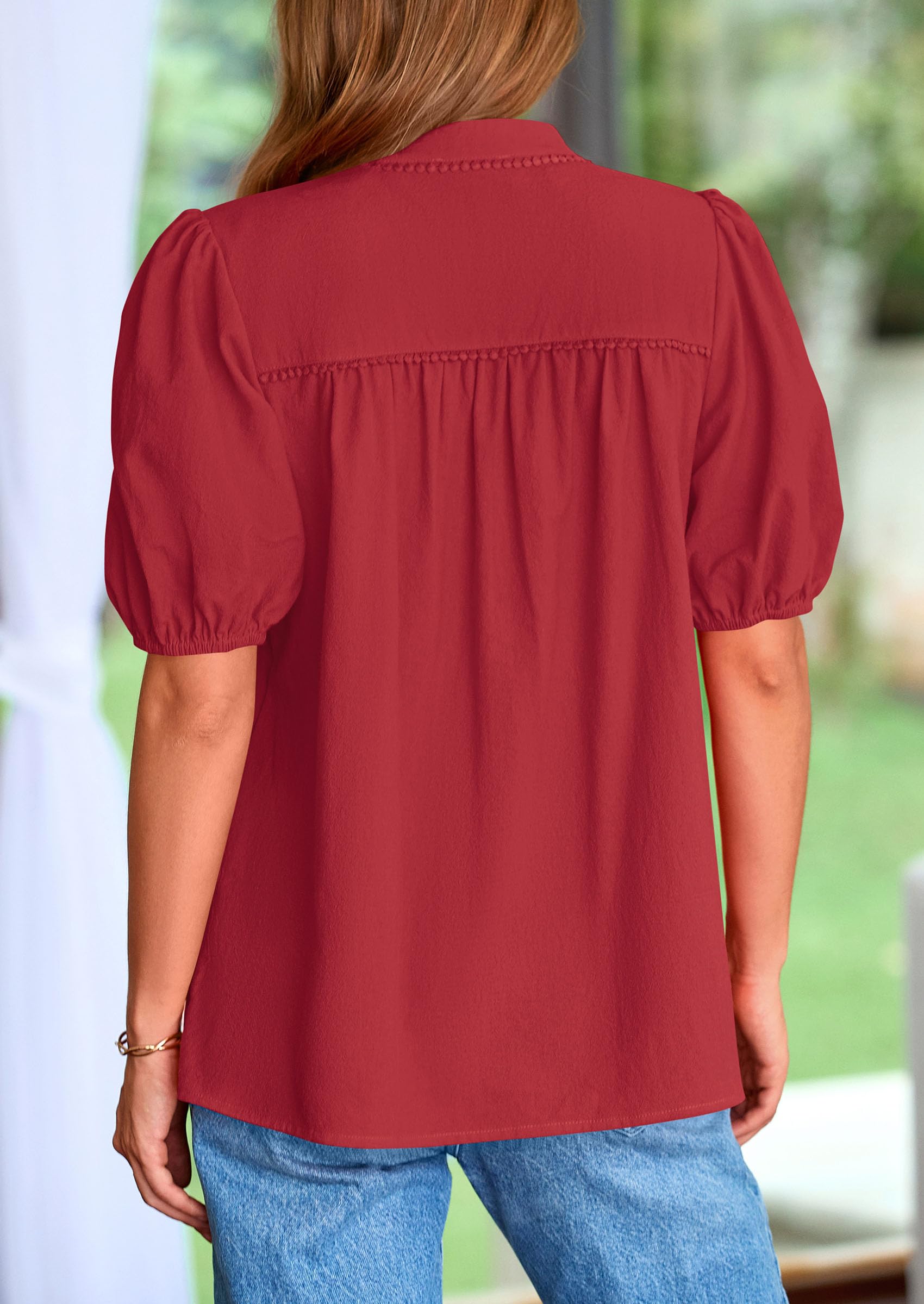 Womens Short Puff Sleeve V Neck Blouses,Dark Red,S