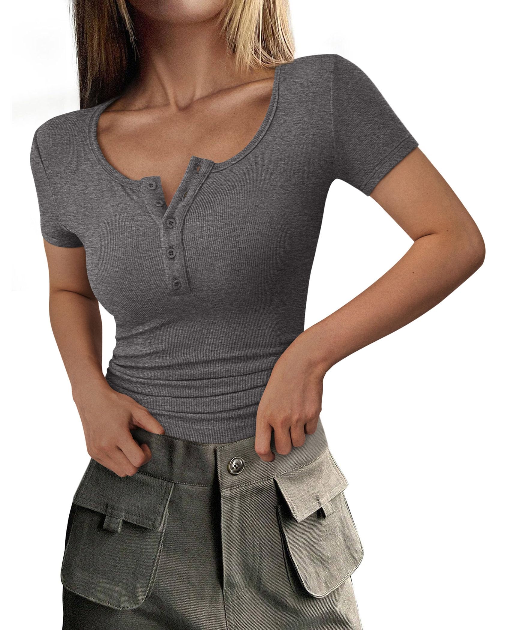 Women's Summer Tops Henley Tee Shirts (Charcoal,X-Small)