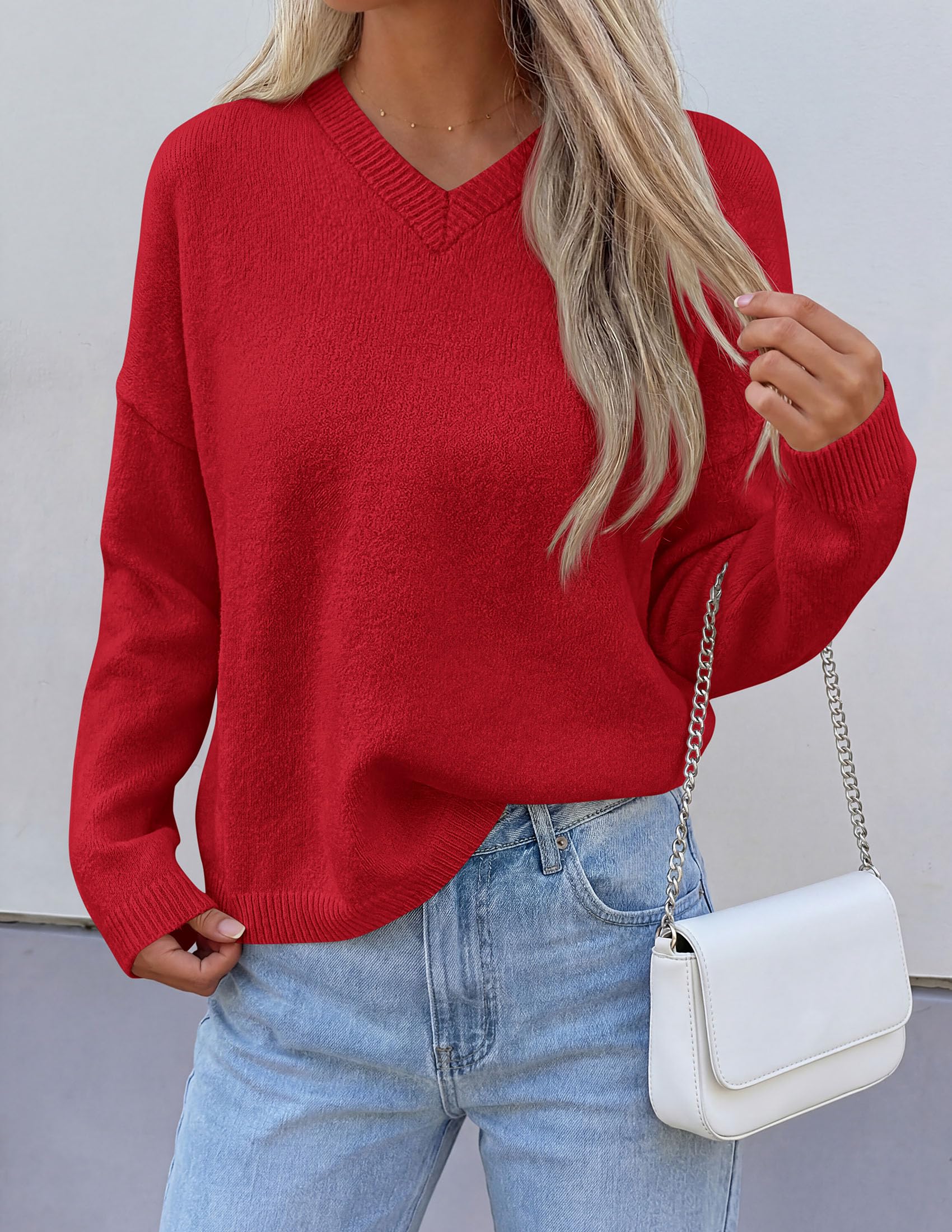 Women's Cozy Sweaters Fall Fashion V Neck Tops Red,S