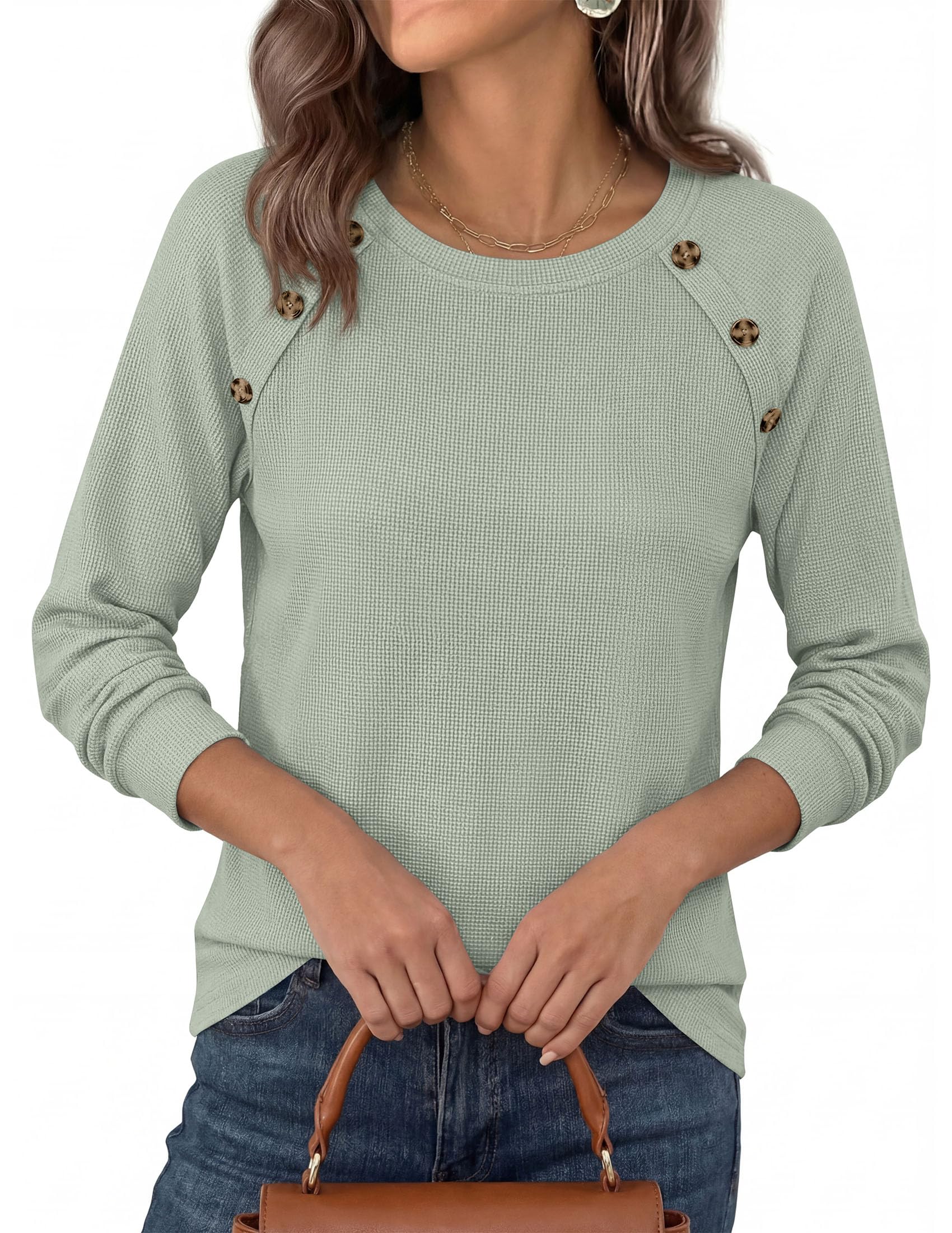 Fall Long Sleeve Waffle Knit Shirts for Women Loose Tunic Tops