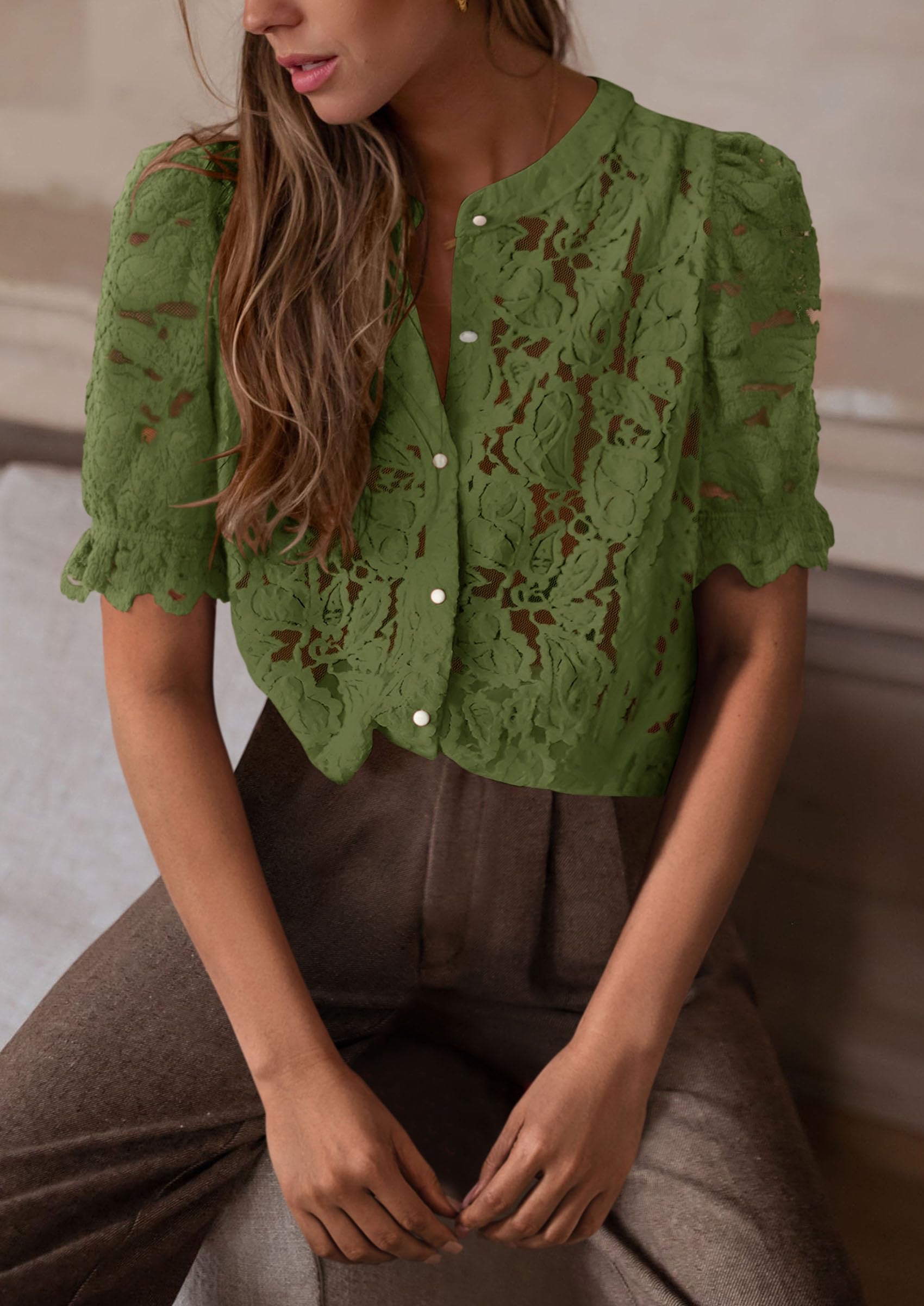 Womens Lace Tops Button Down Short Sleeve Shirts,Army Green,S