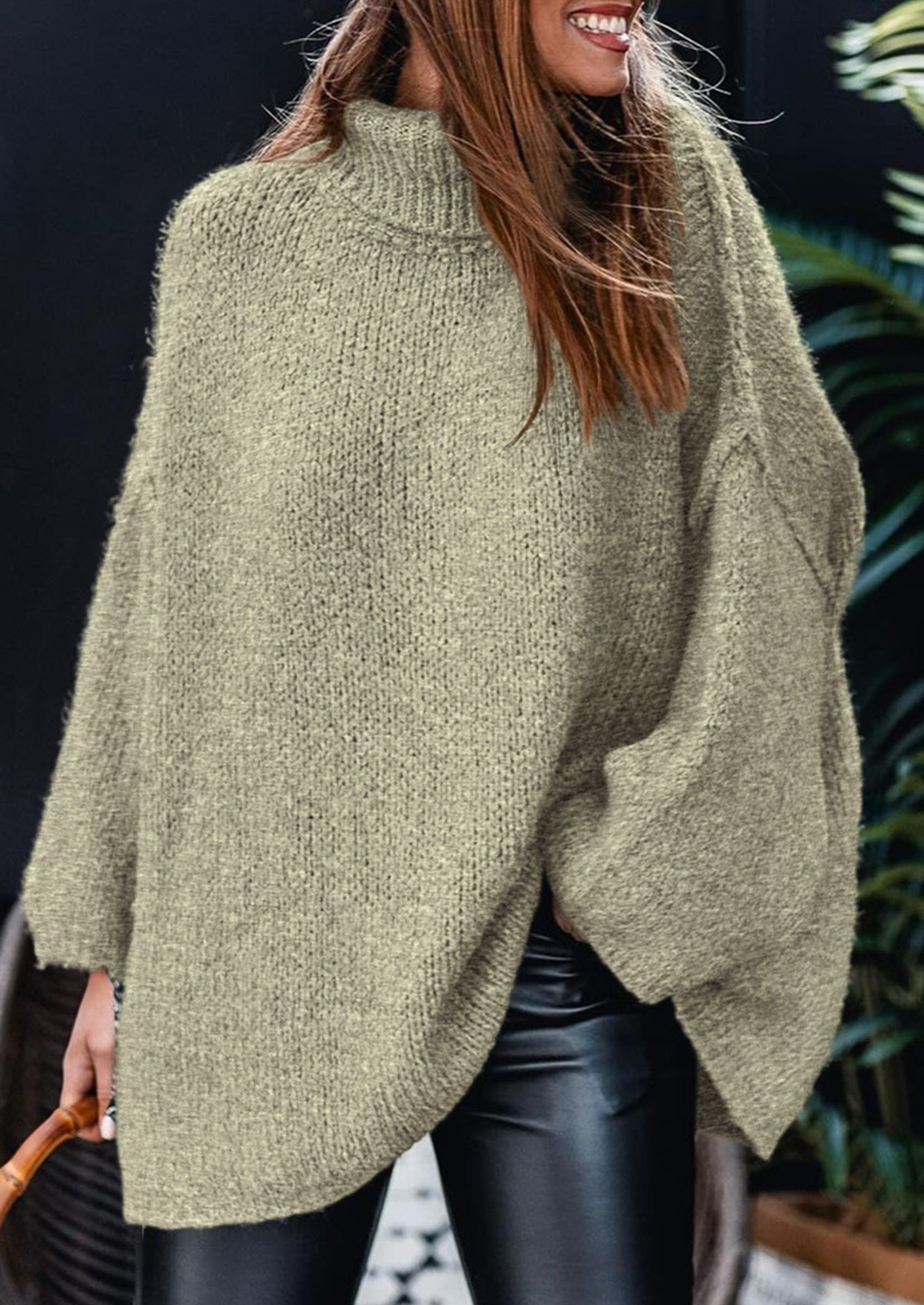 Womens Turtleneck Long Sleeve Oversized Sweaters,Light Green,S