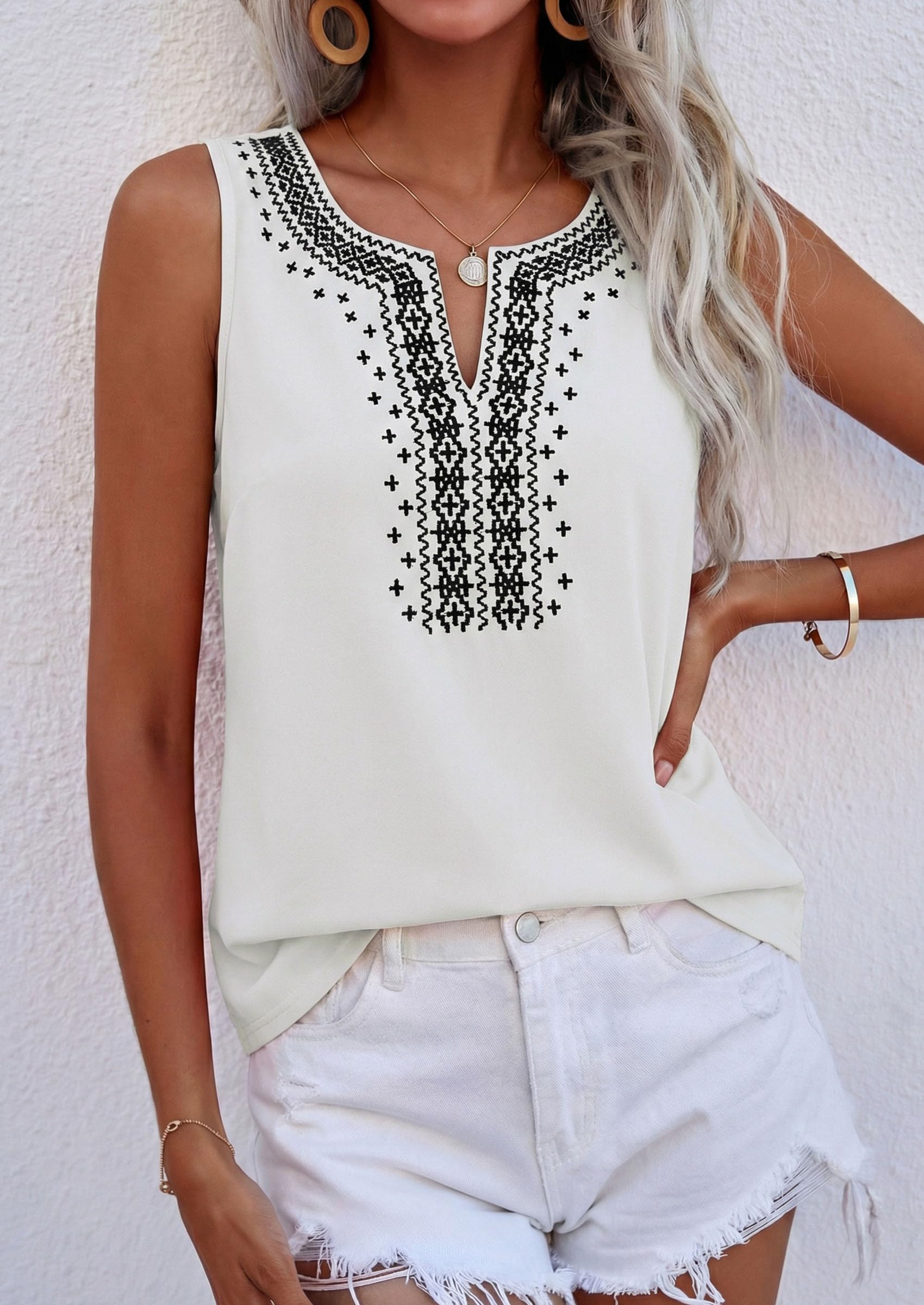 Womens Embroidered Sleeveless Tank Tops White,S