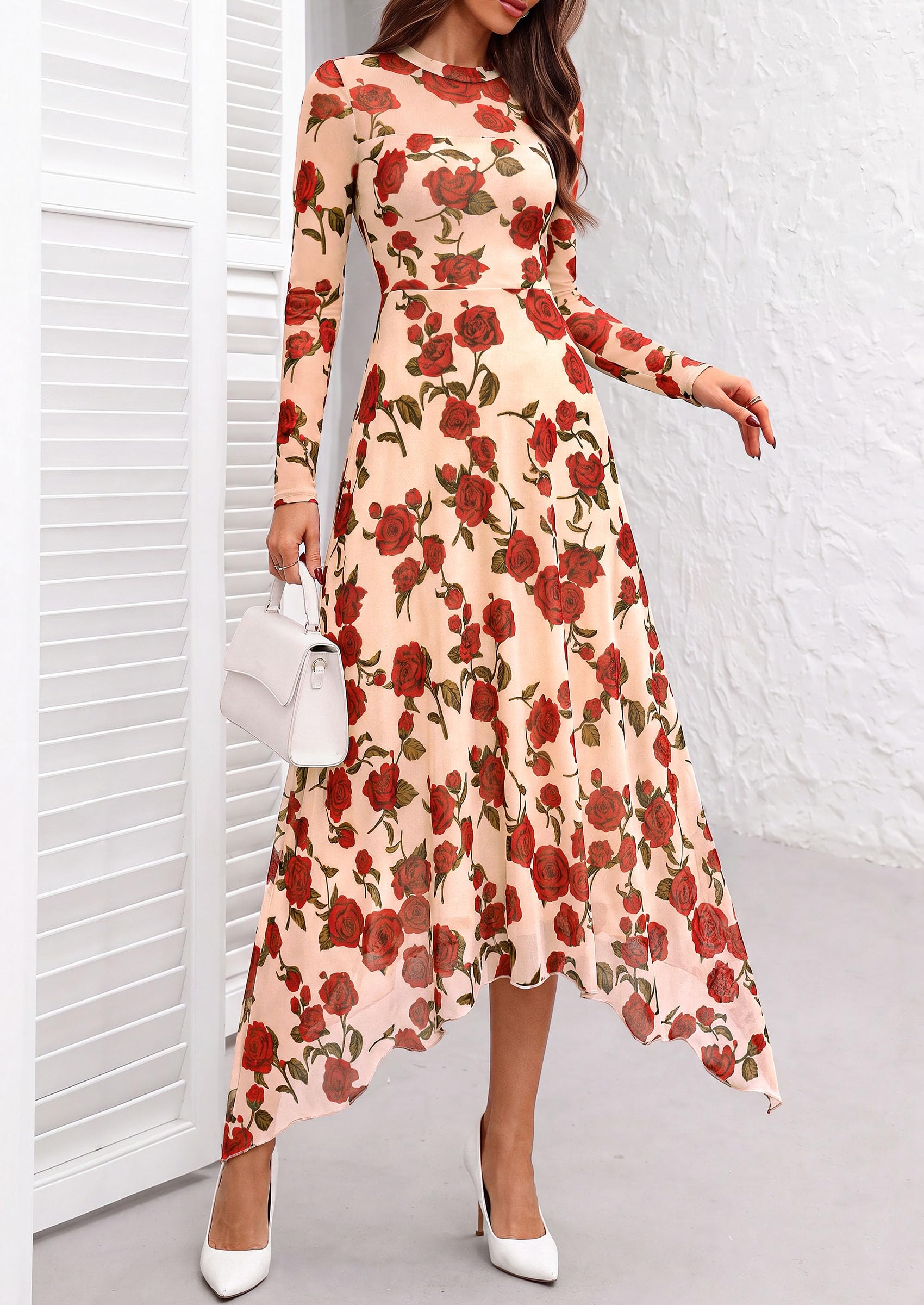 Women's Floral Mesh Midi Dress,Floral Apricot Red,S