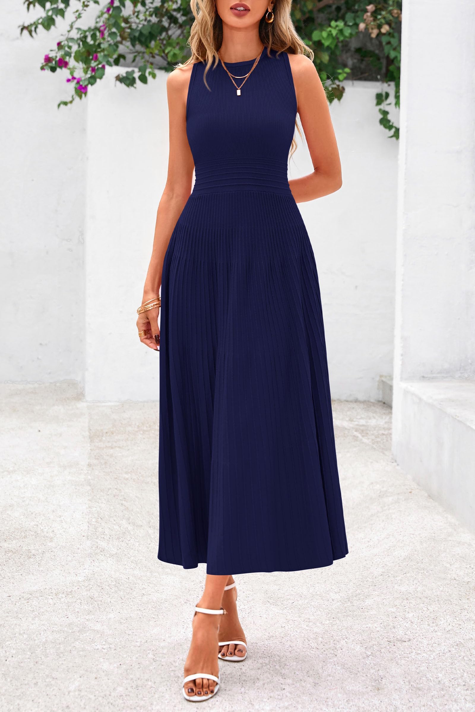 Women's Summer Pleated Midi Work Dress,Navy,S