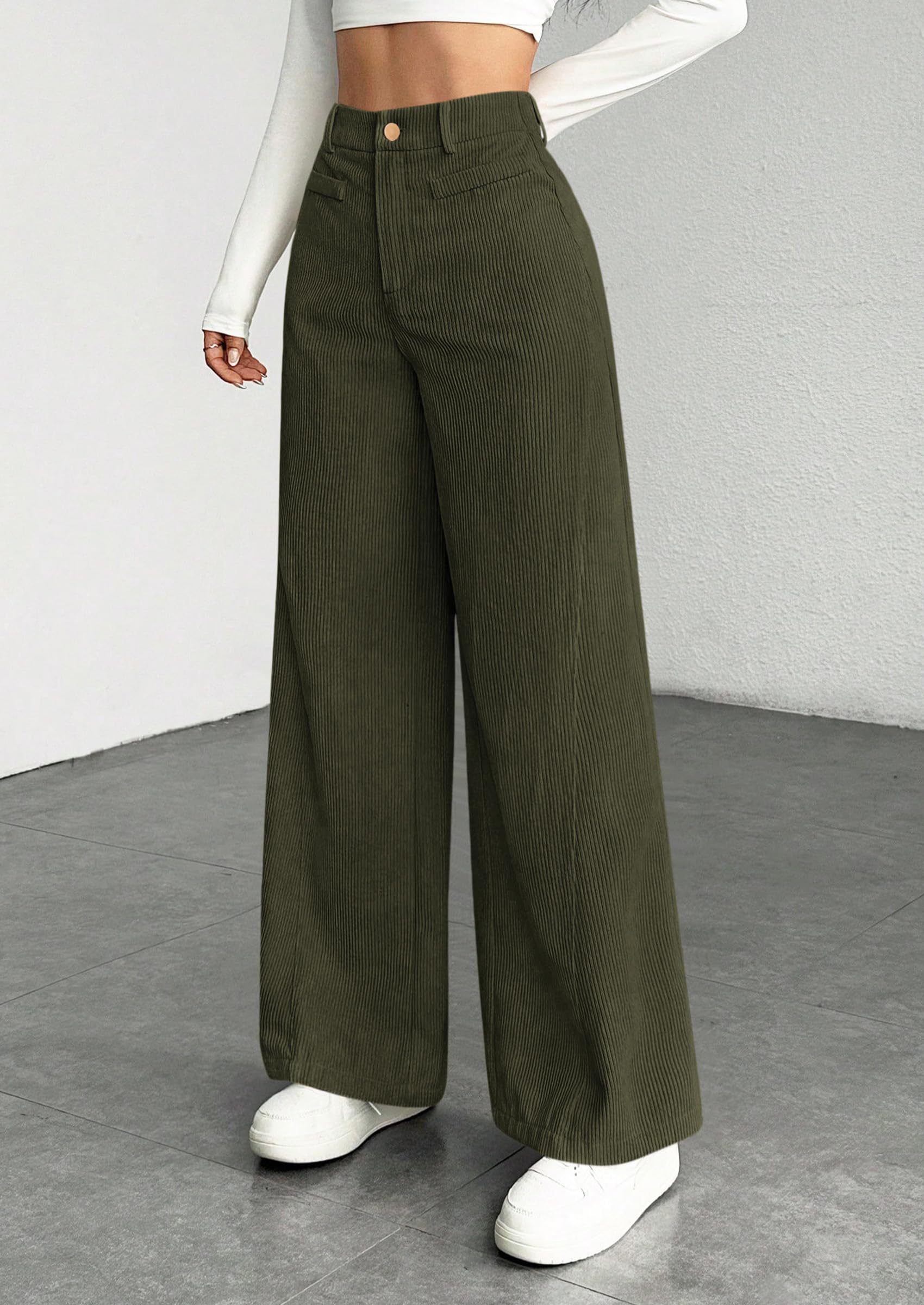 Women's High Waisted Corduroy Pants Casual,Army Green,M