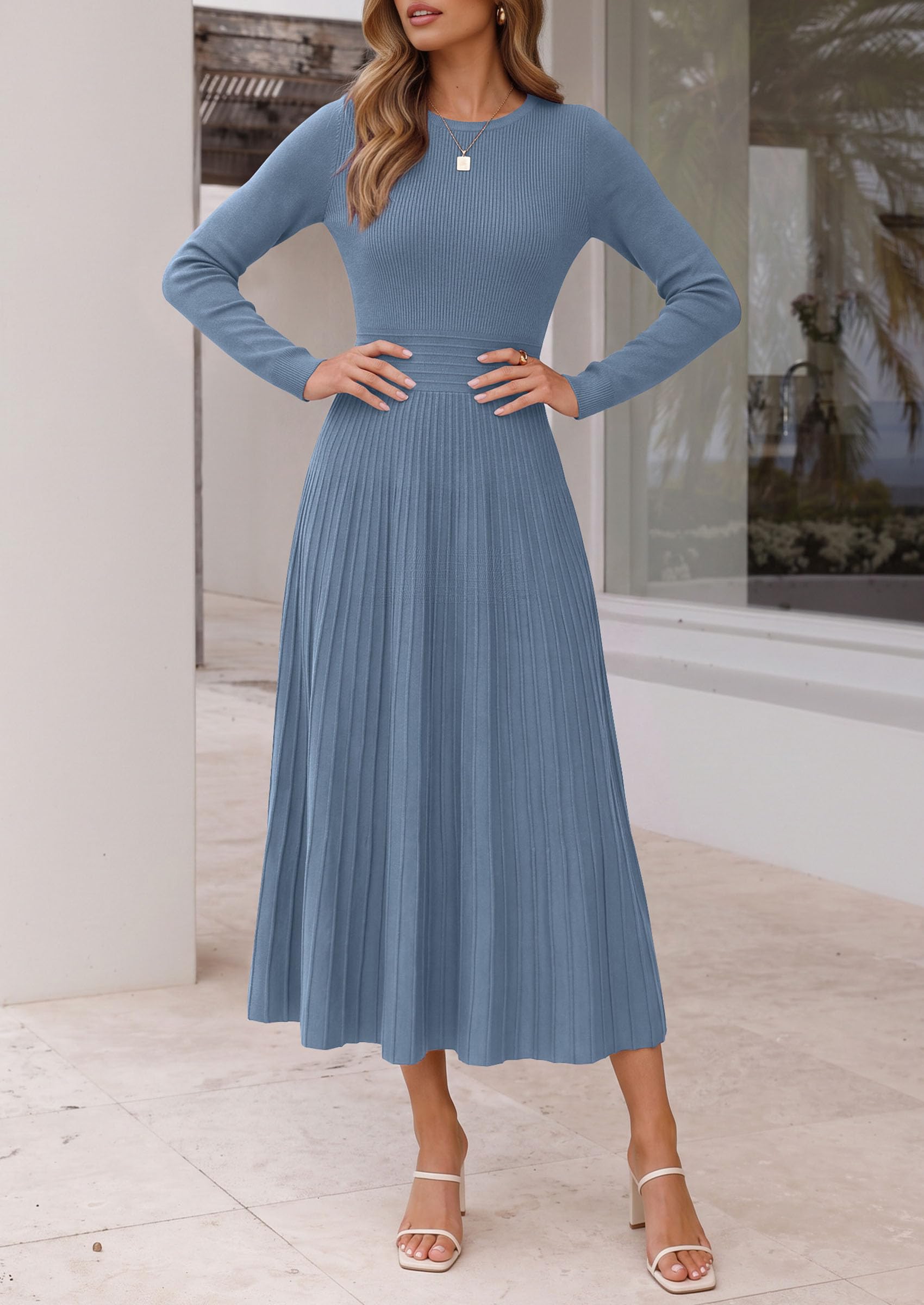 Women's Long Sleeve Knit Maxi Sweater Dress,Grey Blue,S