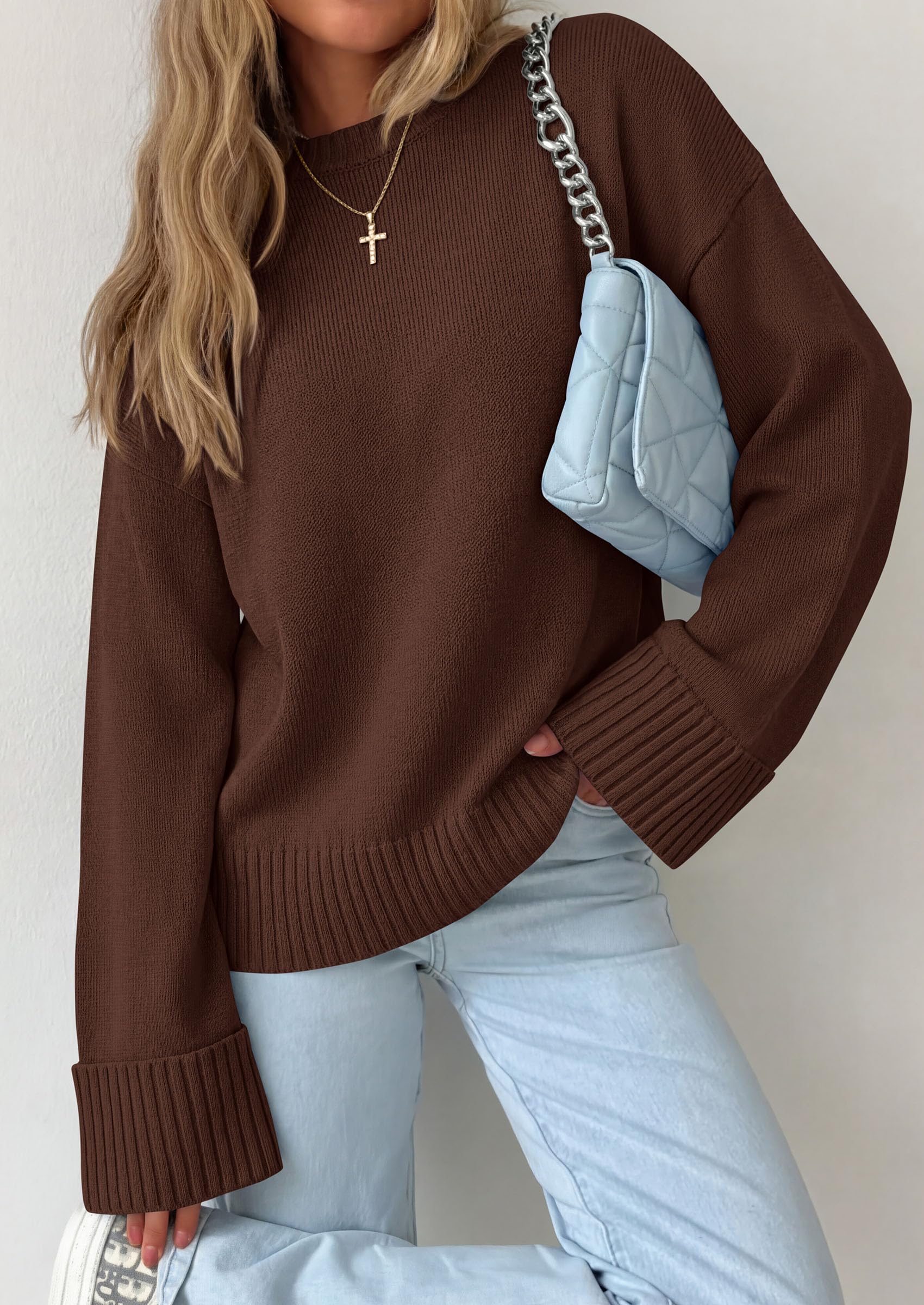 Oversized Sweater Women's Crewneck Long Sleeve Tops Brown
