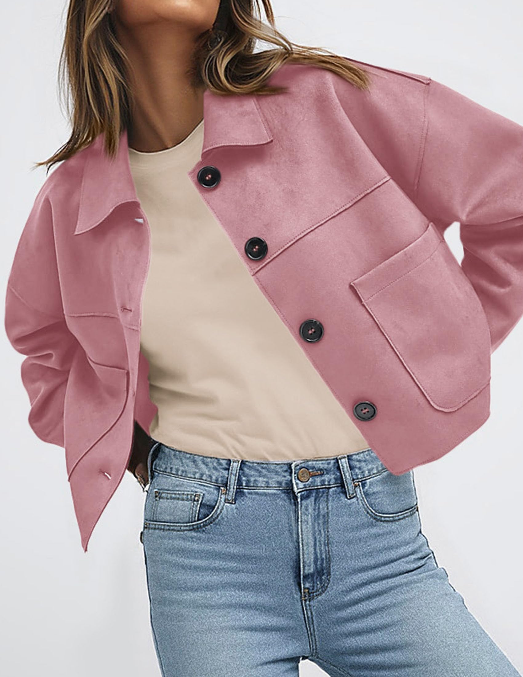 Women's Faux Suede Shacket Jackets Lightweight Cropped Coats