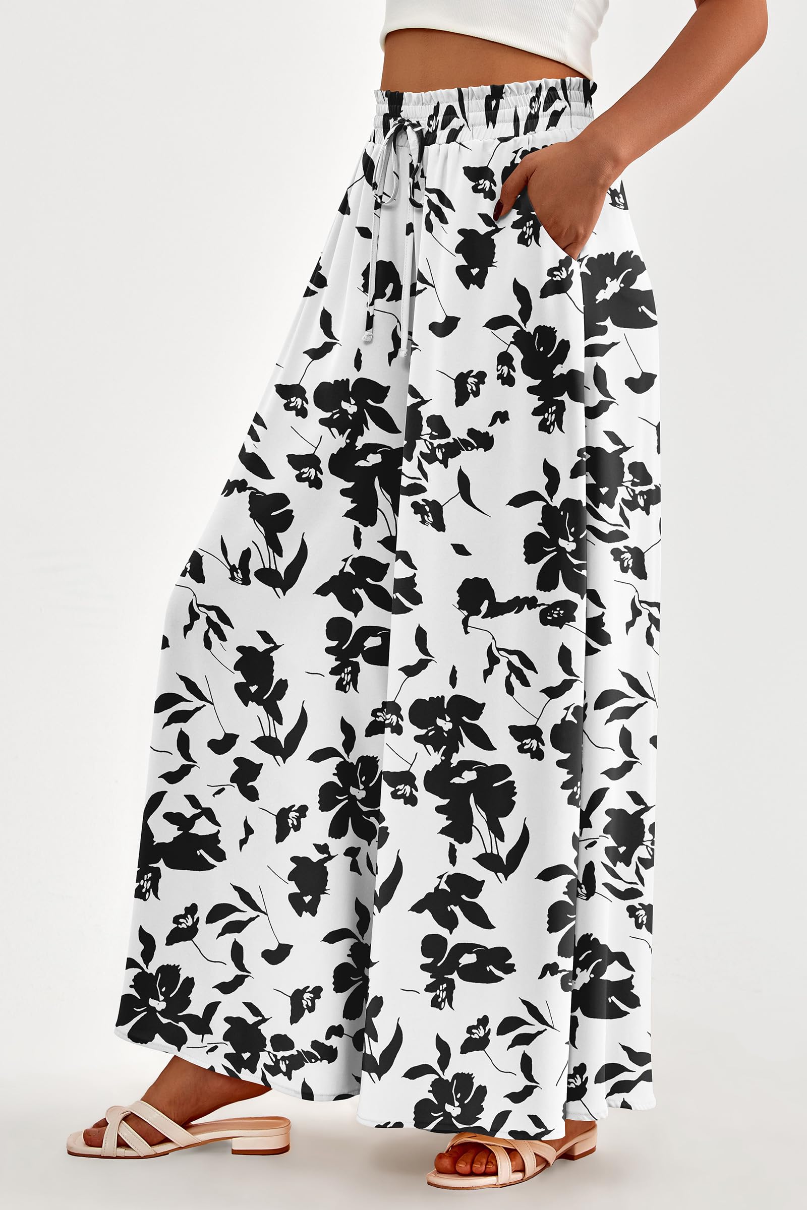 Summer Wide Leg Palazzo Pants for Women Casual,Print Black,S