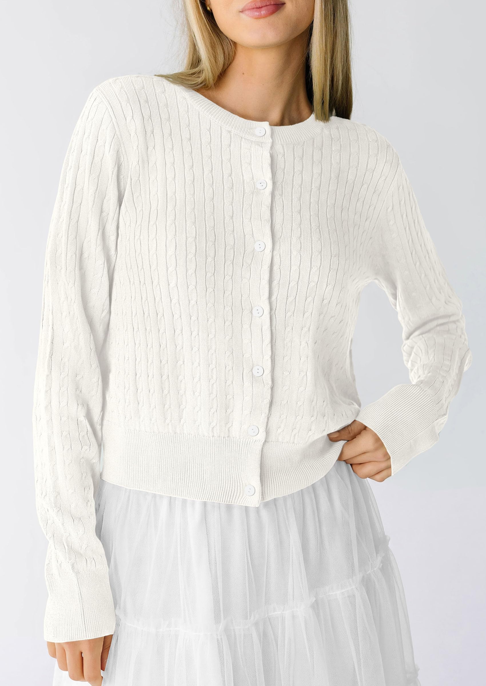 Women Fall Lightweight Cardigans Button Up Cable Knit Sweaters