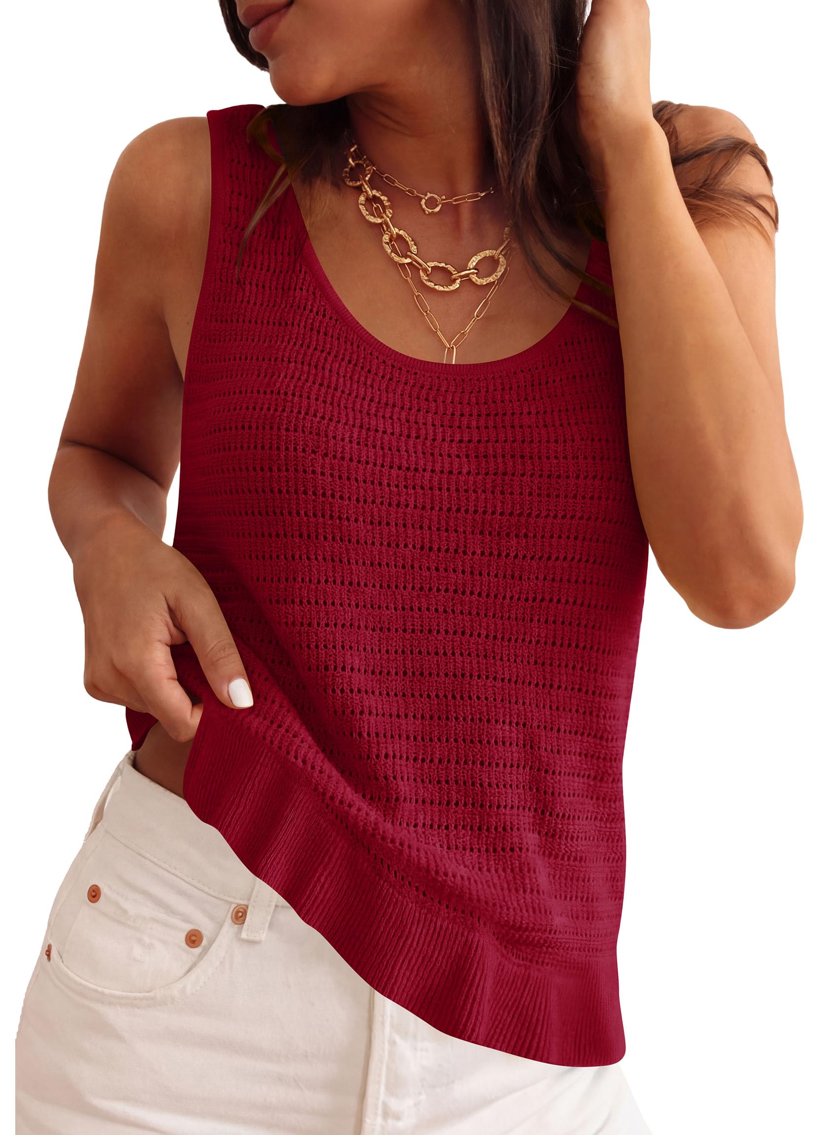 Women's Summer Crochet Knit Tank Tops,Burgundy,XL