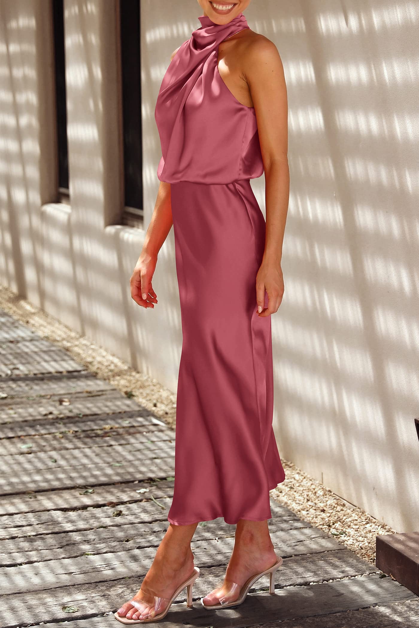 Women's Summer Satin Maxi Cocktail Dress Brick Red