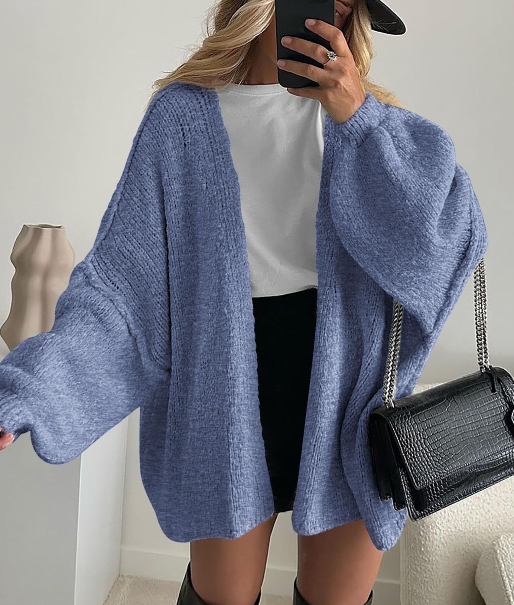 Womens Open Front Oversized Cardigan Sweaters,Haze Blue,XS