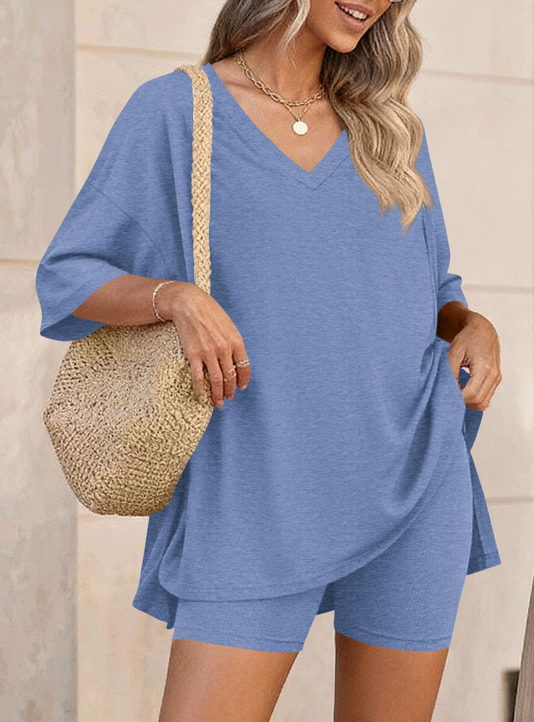 Womens 2 Piece Outfit Lounge Short Sets,Grey Blue,L