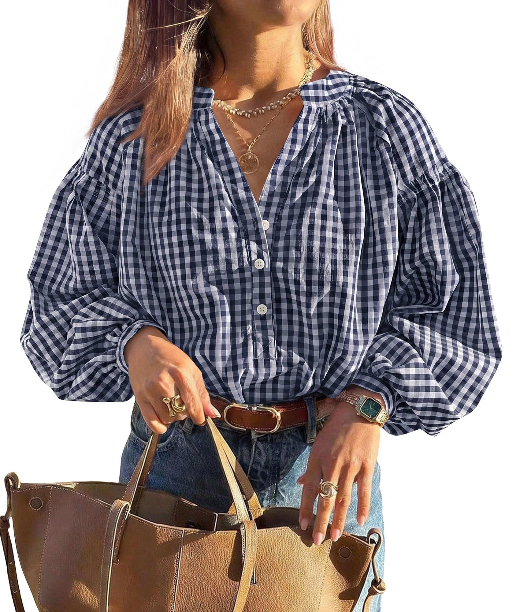 Women Fall Plaid Long Puff Sleeve Shirts V Neck Casual Blouses