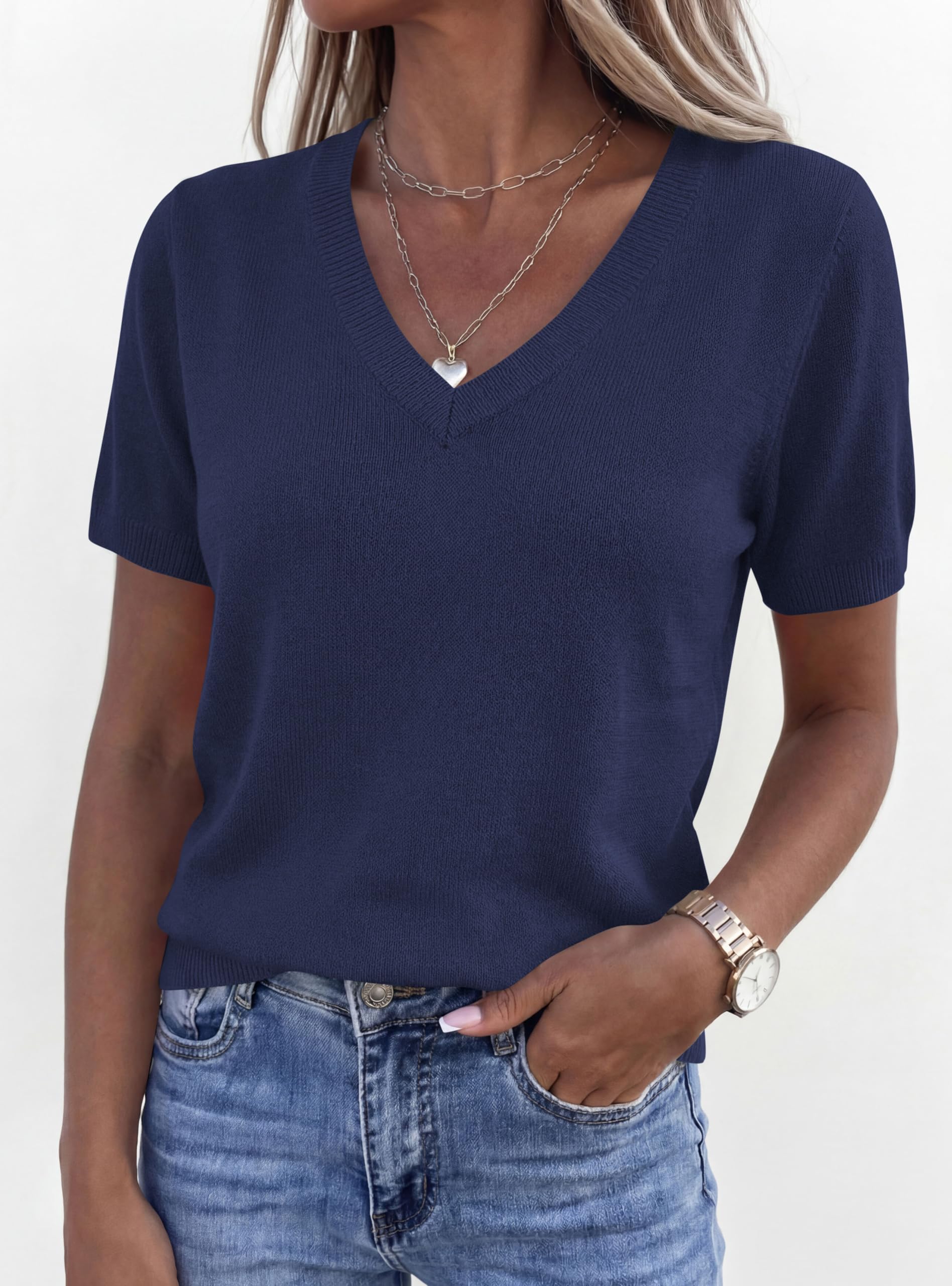 Womens Short Sleeve Sweater V Neck Tops,Navy Blue,S