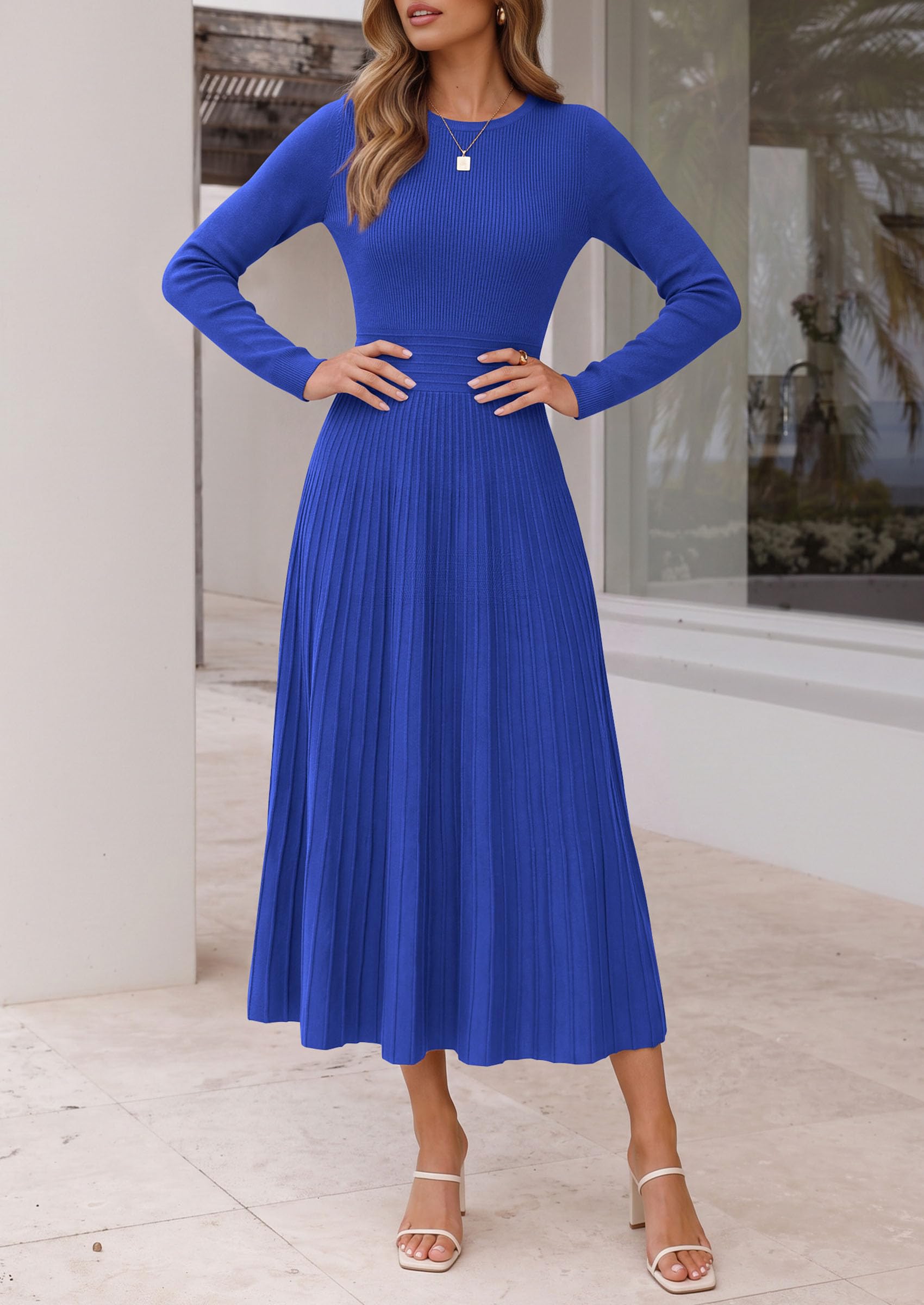 Women's Long Sleeve Knit Maxi Sweater Dress,Blue,S
