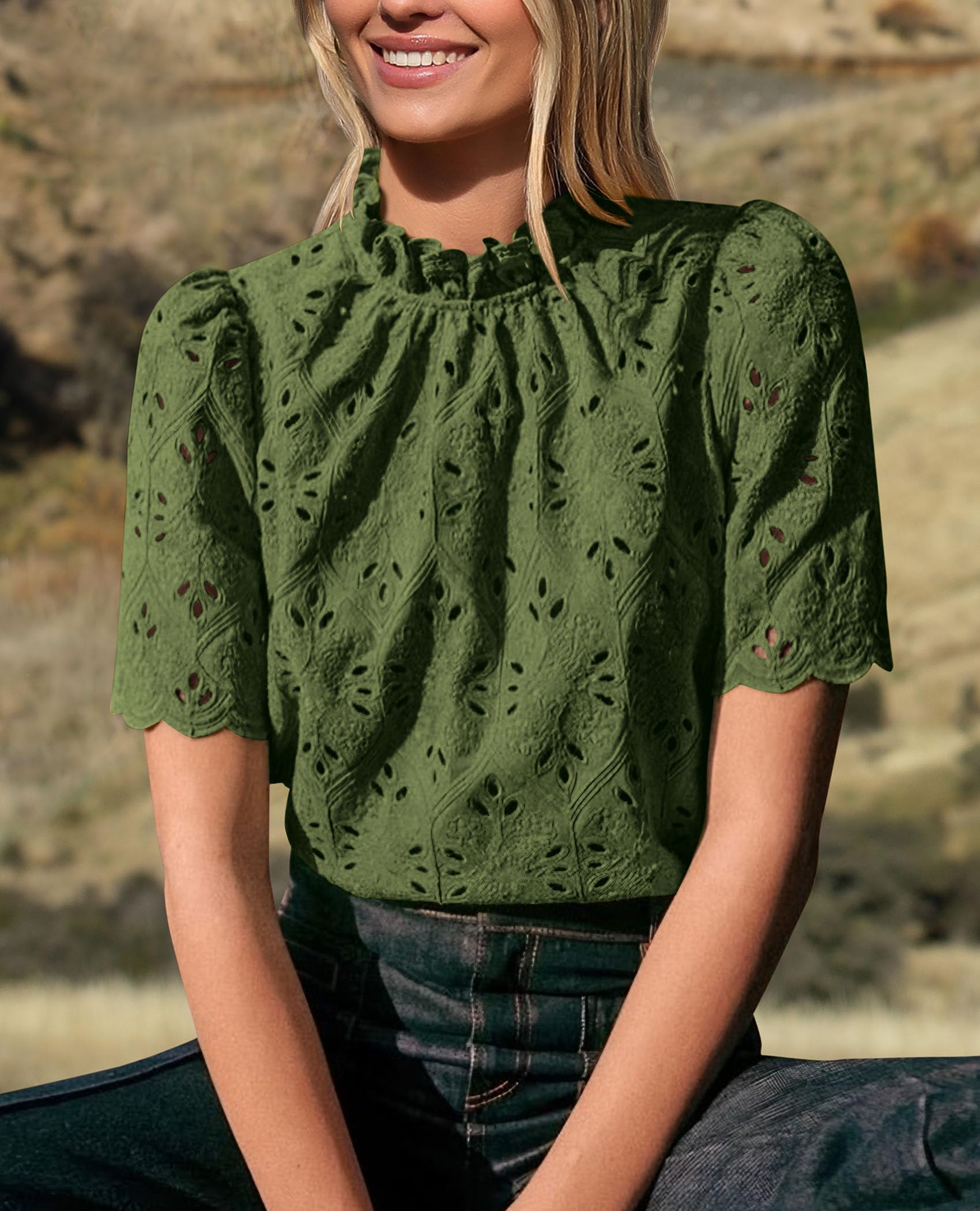 Women Summer Tops Eyelet Embroidered Shirts,Army Green,XS